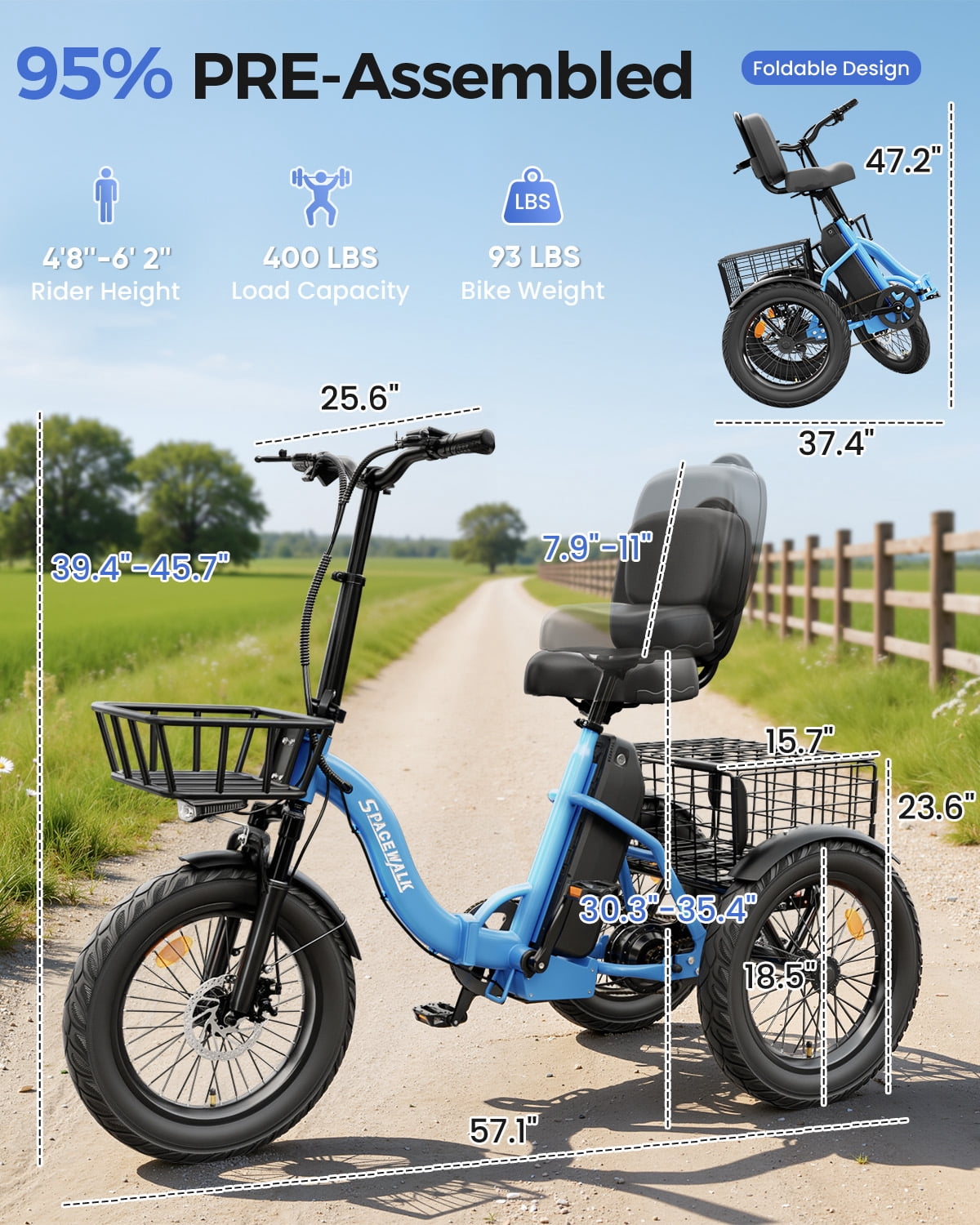 EILLEO SPACEWALK Adult 3-Wheel Electric Tricycle, 700W Motor, 60-Mile Range, Fat Tire E-Trike (Blue, 18 in) wbxcy