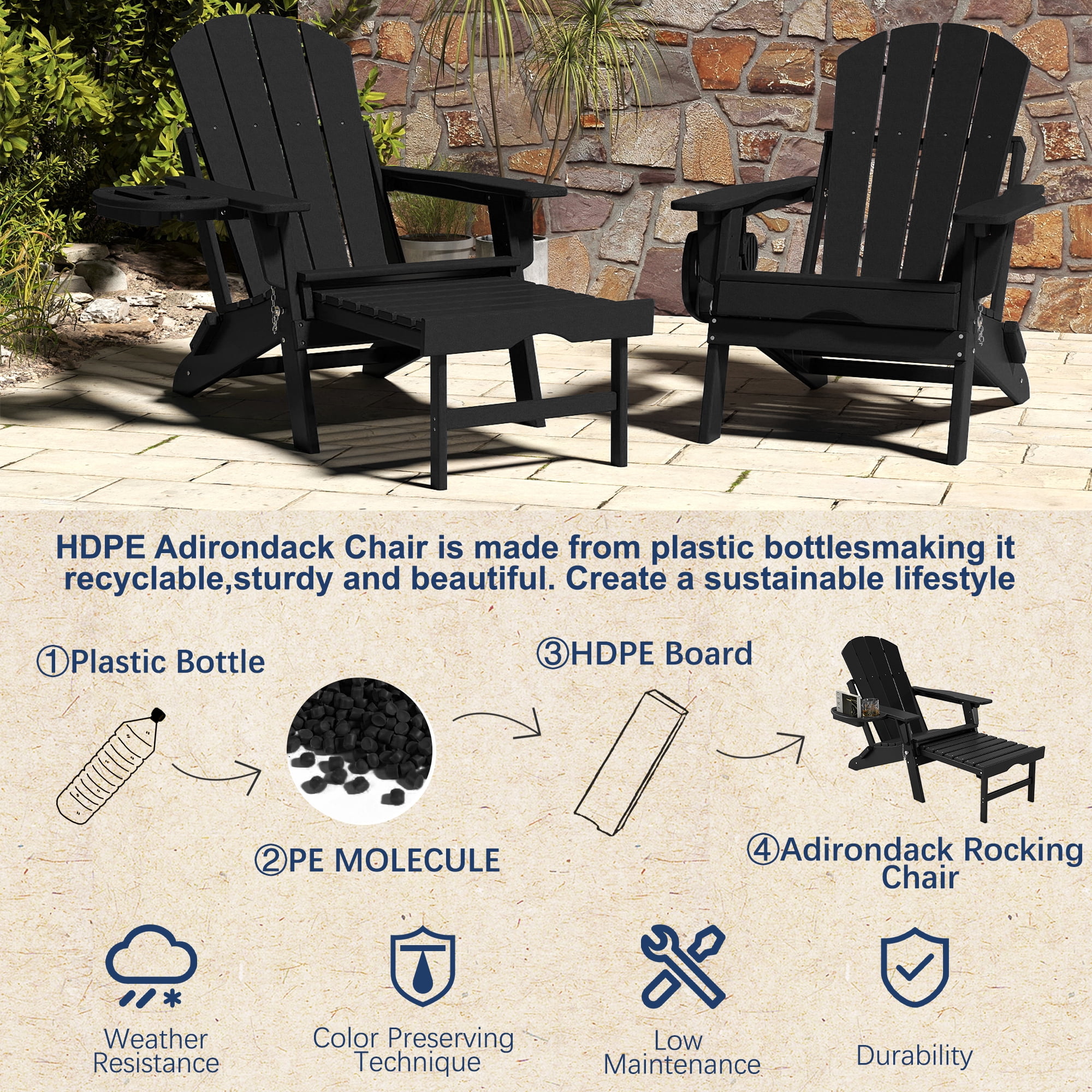 FOOWIN Folding Adirondack Chair with Retractable Ottoman, Adjustable Backrest HDPE Patio Chair with Cup Holder Tray (Black) ltl1r