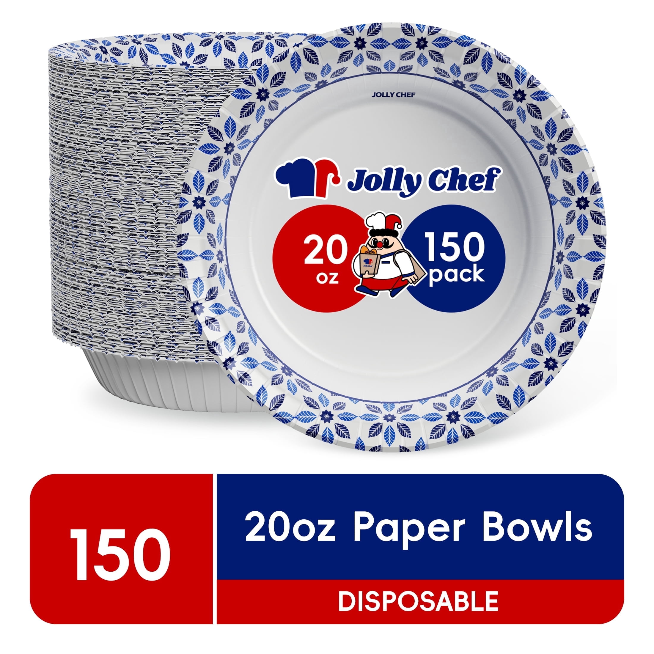 JOLLY CHEF Disposable Paper Bowls, Heavy-Duty Soak-Proof Microwave Safe Bowls (White, 20 oz, 150 Count) l4k0n