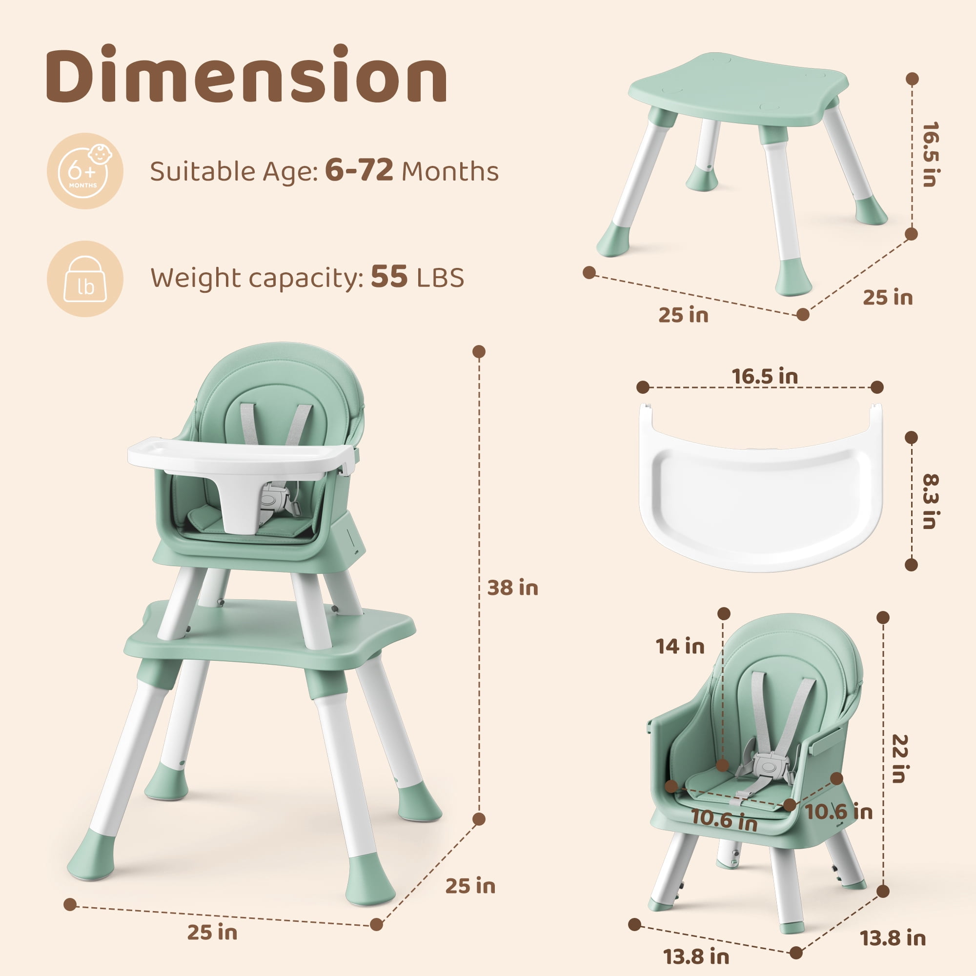 AILEEKISS 8-in-1 Convertible Baby High Chair and Toddler Booster Seat (Green) cjk8r