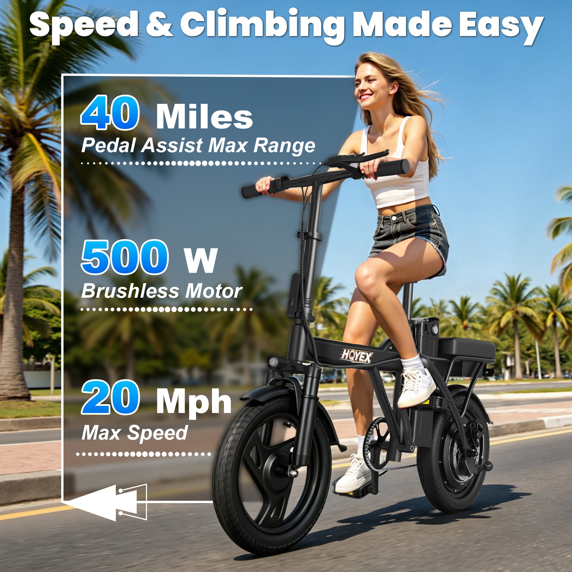 HQYEX HQ14PRO 500W Electric Bicycle, Fat Tire Ebike with 48V 9Ah Battery, 22MPH Max Speed, Dual Brakes & Full Suspension (Black, 14 in) r6hz9