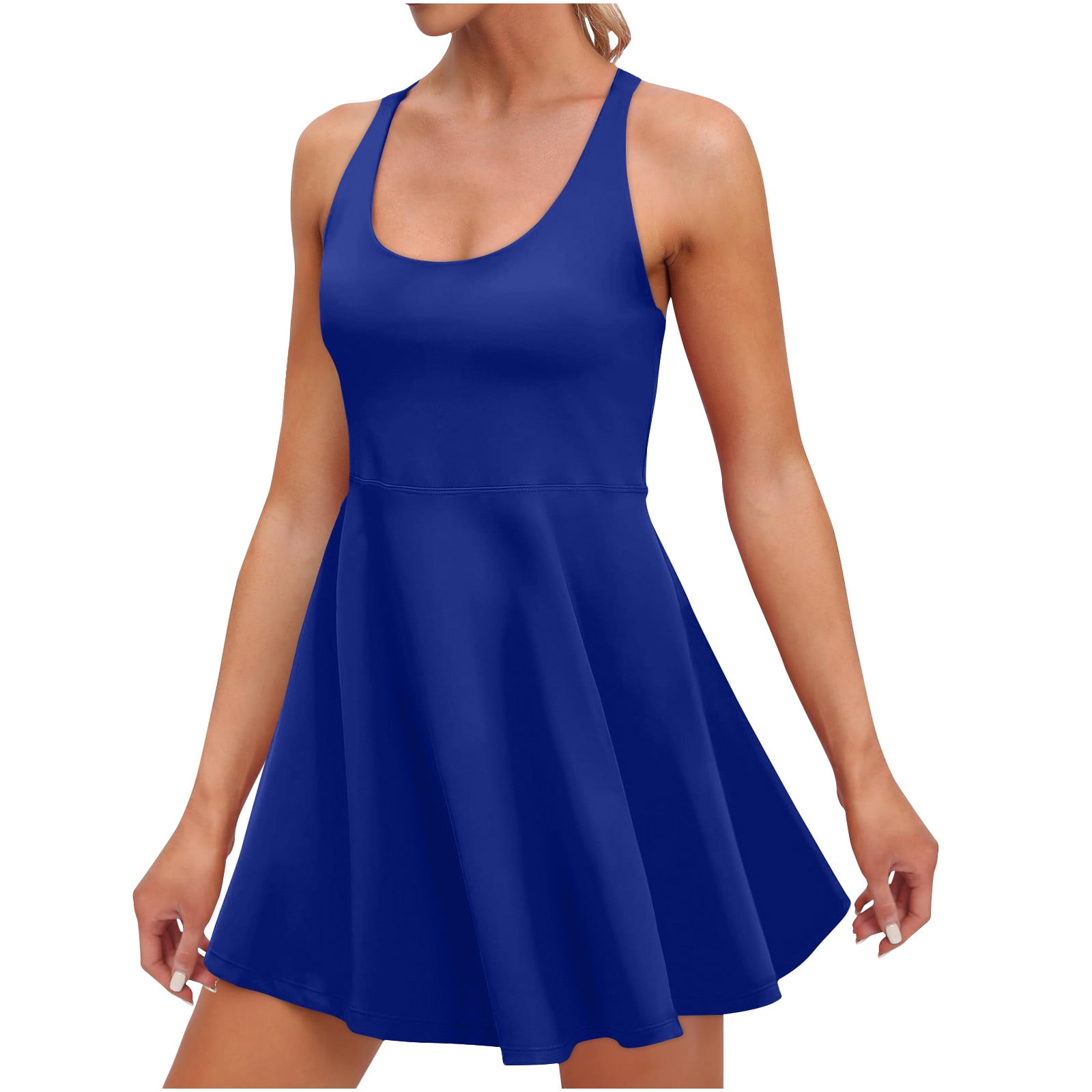 Miqool Womens Athletic Tennis Dress with Built-in Shorts and Bra Crisscross Back Workout Mini Dress (Blue, L) 6orfv