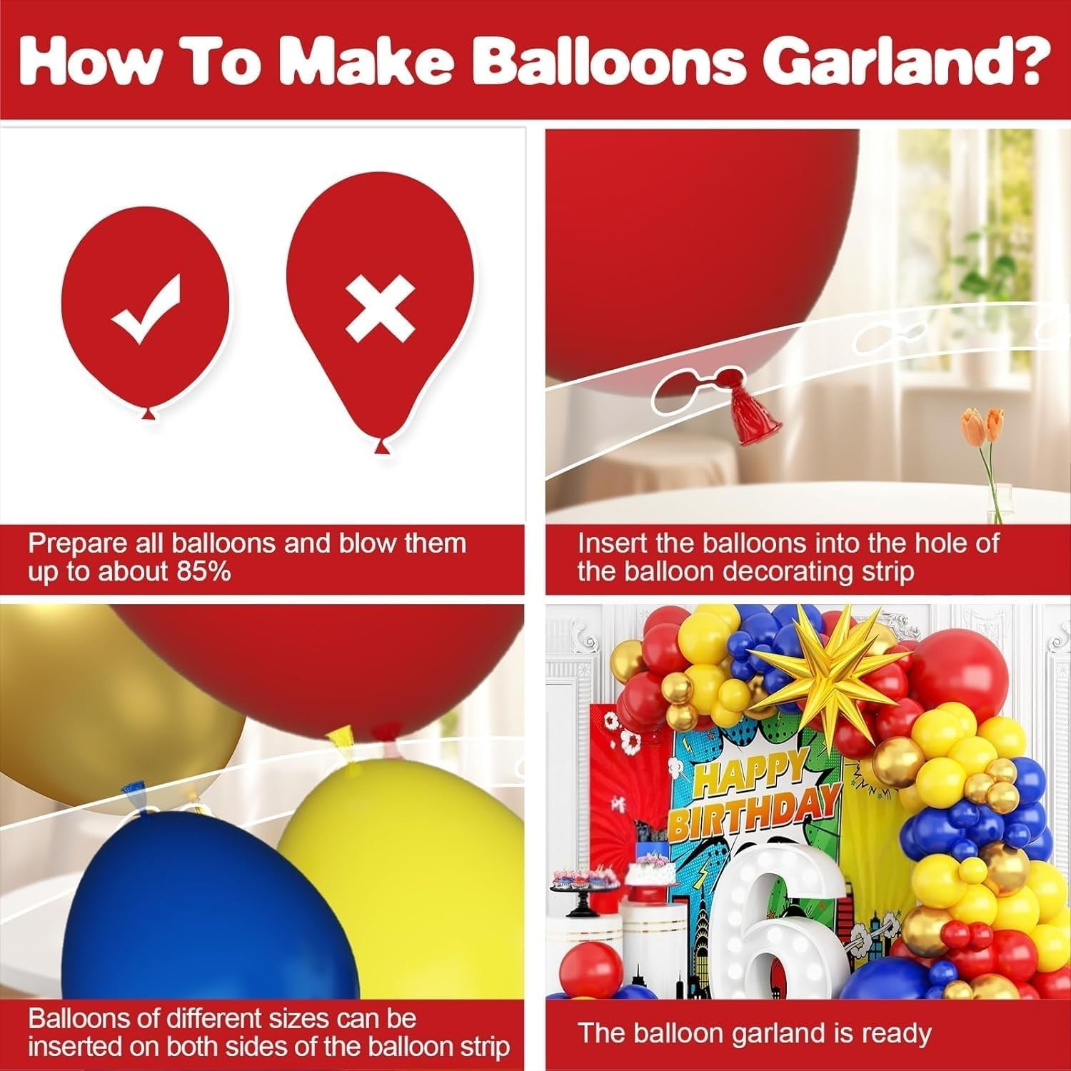 Party Decor Balloon Garland Kit, Carnival Circus Arch Set with Red Yellow Blue and Metallic Gold Balloons (111 Piece Set) 70szc