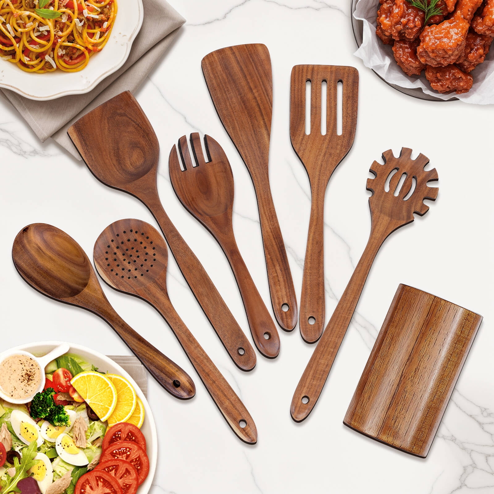 VAVSEA Natural Teak Wooden Cooking Utensils Set, Heat Resistant Non-Stick Kitchen Tools (8 Piece Set) 9fvzf