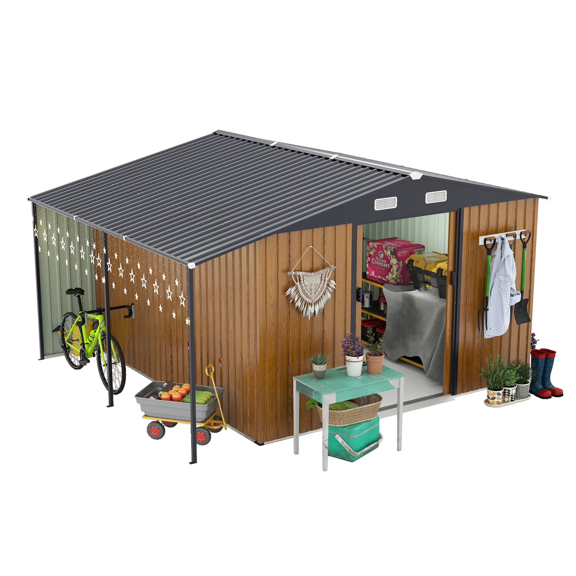 FFZ Outdoor Storage Shed with Firewood Bay and Lockable Doors (Yellow, 10 ft x 12 ft) s7b61