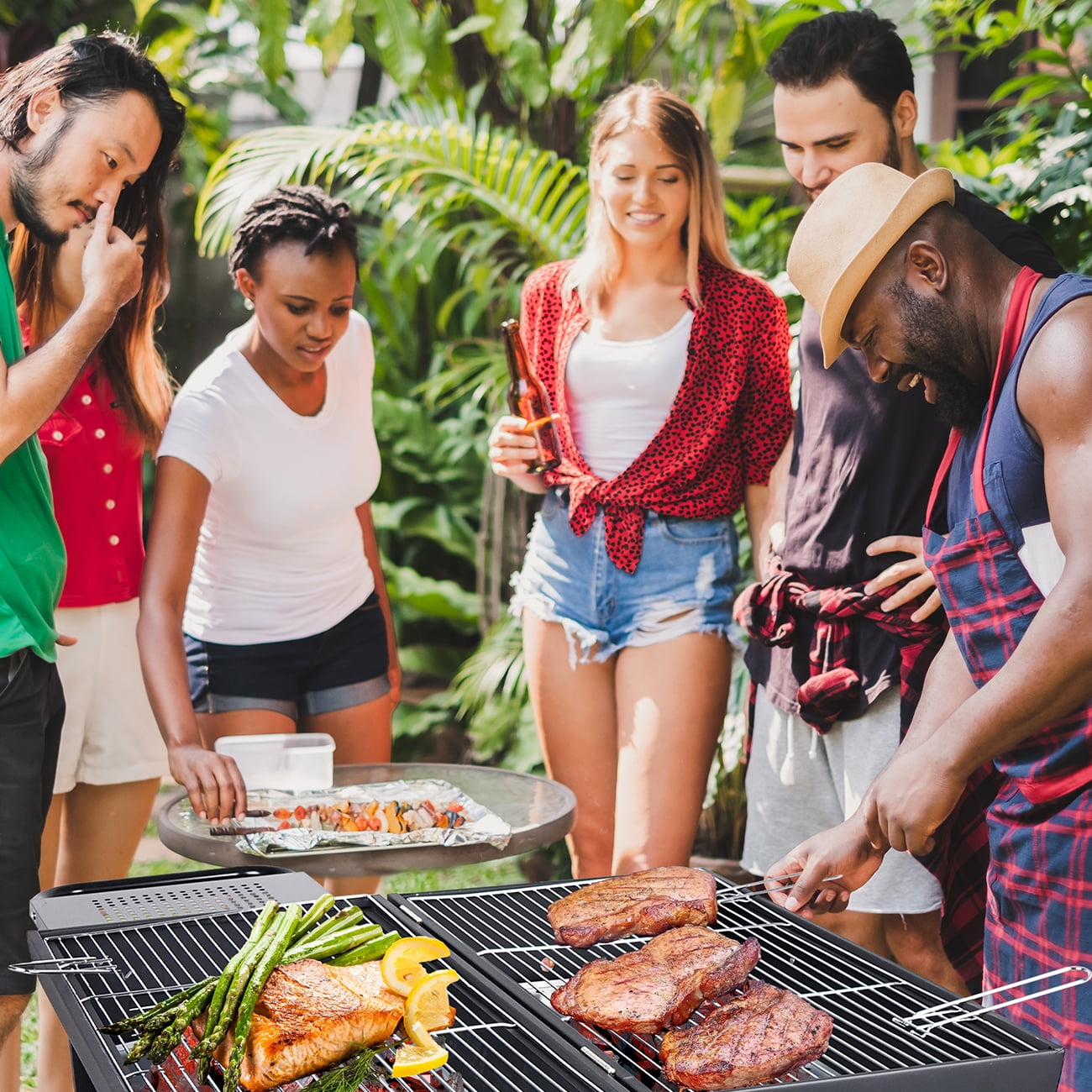 Linsen-Outdoors Double Charcoal Barrel Grill with Dual Side Shelves (Black, Large) 5yds8