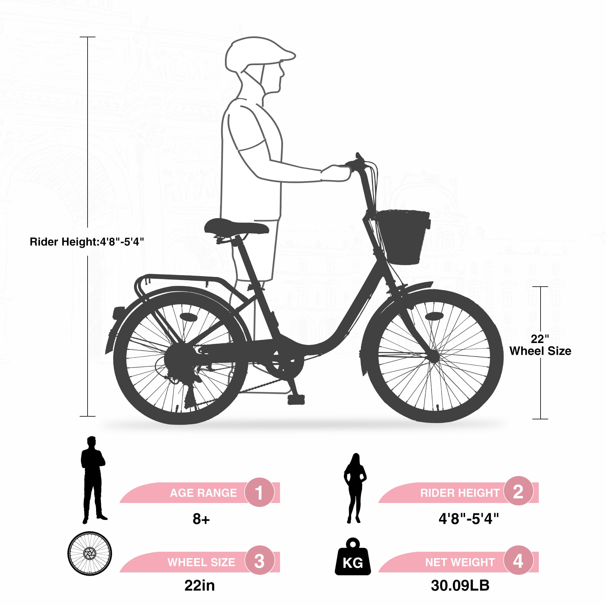 Tyethy Women's Beach Cruiser Bike 7-Speed Lady Bicycle with Basket (Pink, 22 in) tvizs