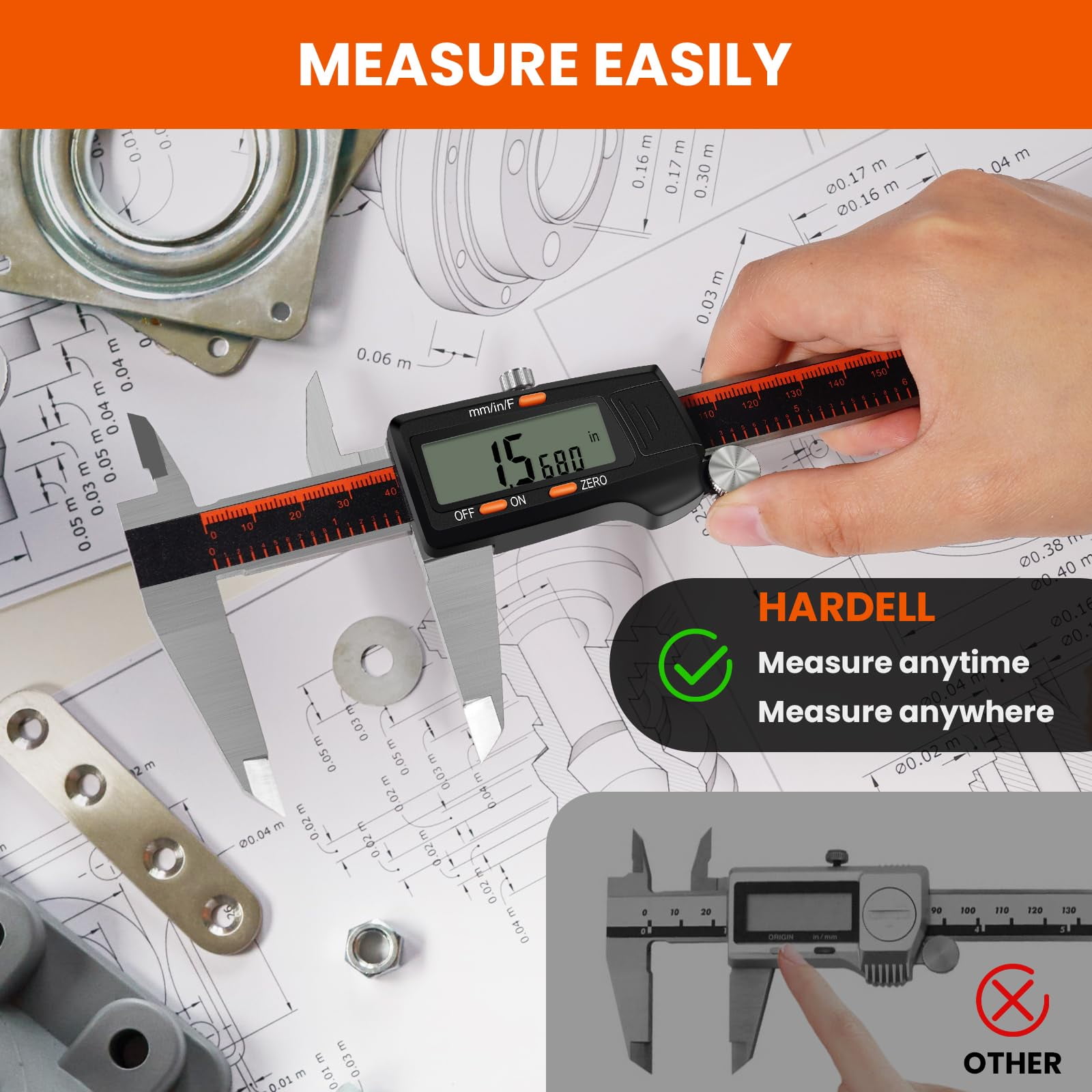 HARDELL Digital Caliper, Stainless Steel Measuring Tool with Large LCD Screen, High Accuracy for DIY and 3D Printing (Black, 8 in) hsukp