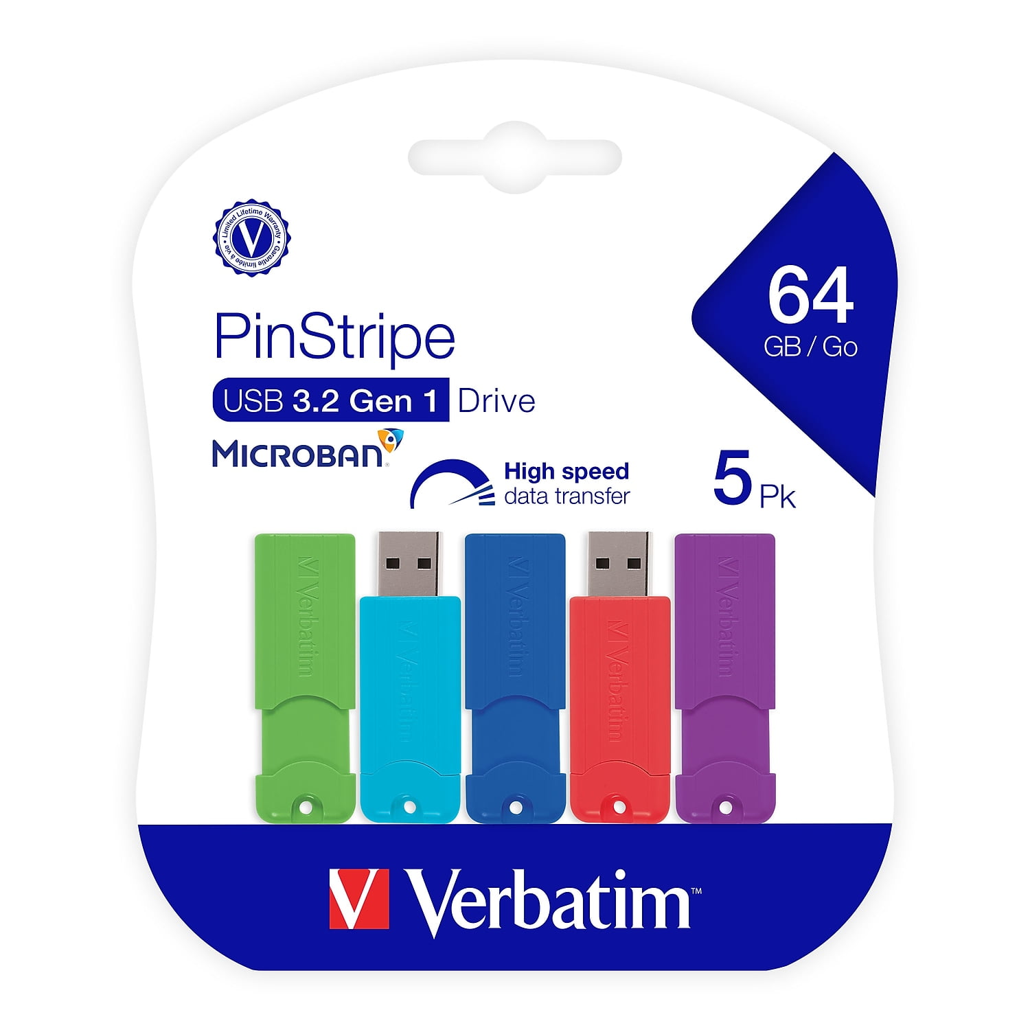 Verbatim PinStripe USB 3.0 Flash Drive High-Speed Data Storage (Assorted Colors, 64 GB, 5 Pack) hvigm