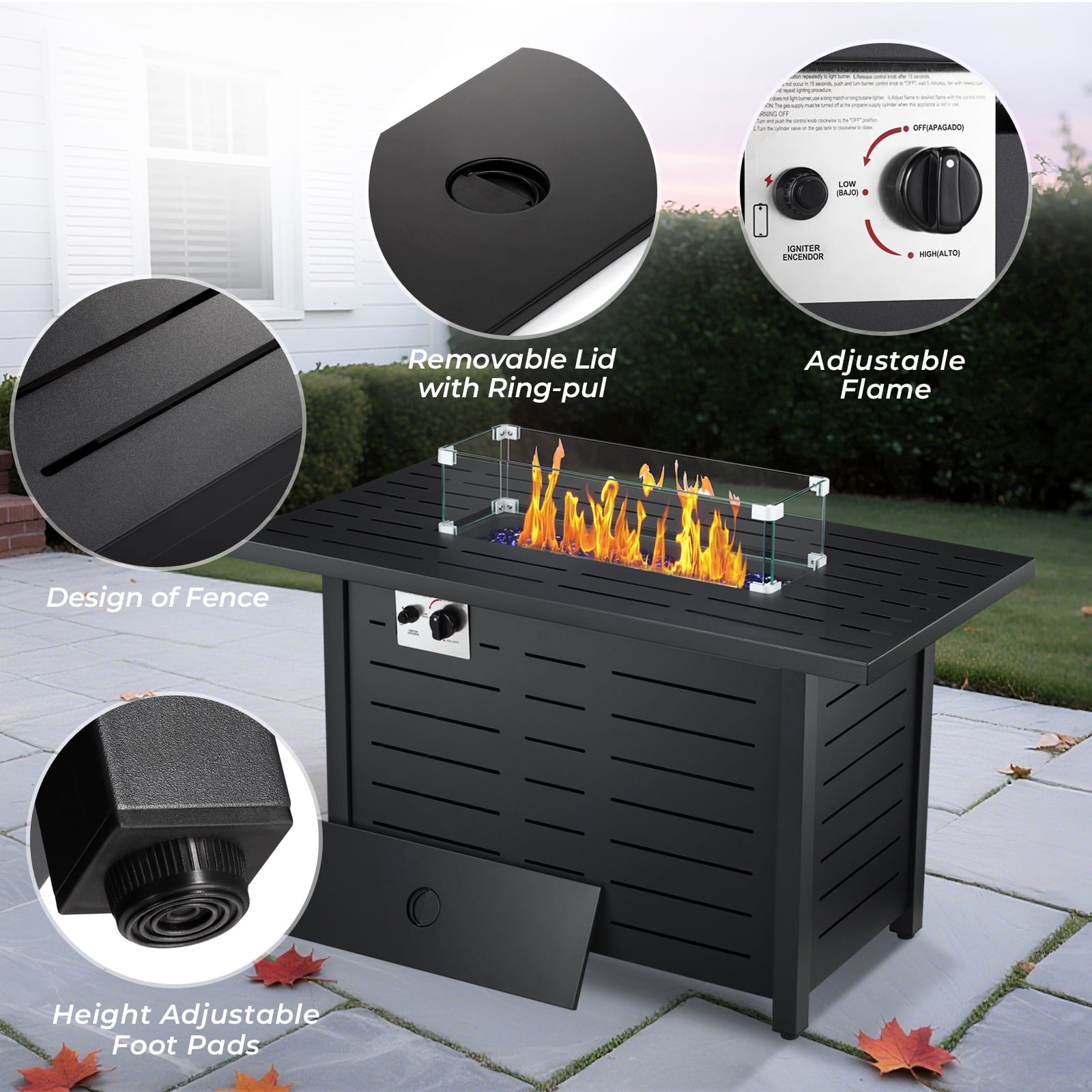 WAA 43 Inch Propane Fire Pit Table, 50,000 BTU Outdoor Gas Fireplace with Lid and Lava Rocks (Black, 43 in) 3pi61
