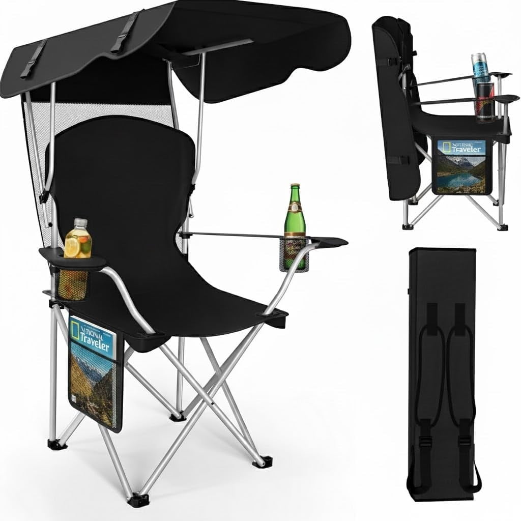 WilderHome Portable Camping Chair with Canopy, Folding Outdoor Seat with Sun Shade (Black) 1e2of