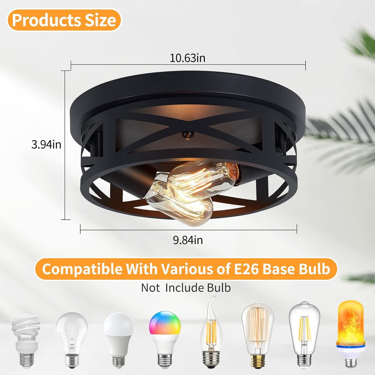 RAINBEAN Industrial Flush Mount Ceiling Light, Farmhouse Metal Cage Light Fixture for Kitchen and Hallway (Black, 2 Pack) hwg3u