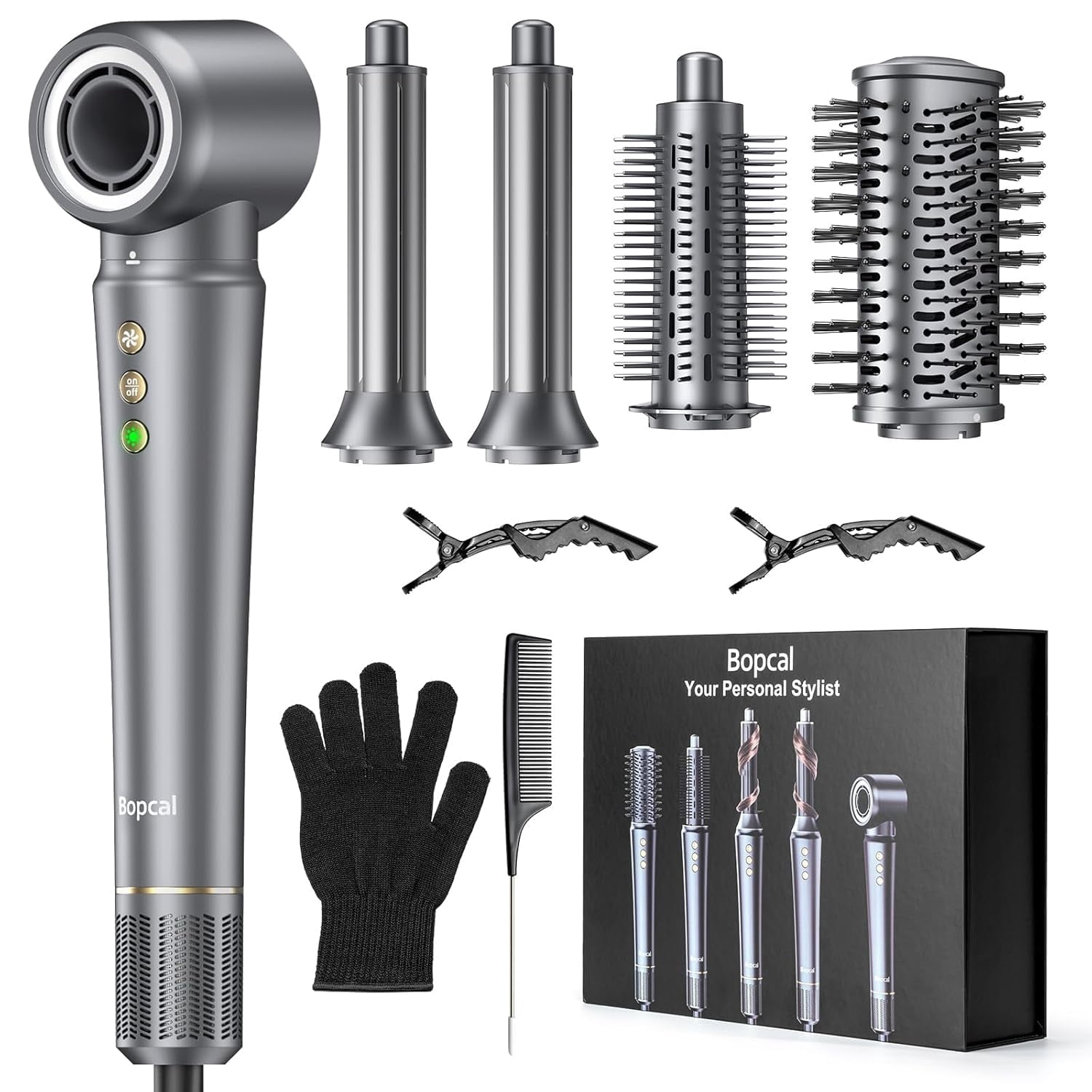 Bopcal 5-in-1 Ionic Hair Dryer and Styler Brush, Professional High-Speed Blowout Tool with Auto-Curling (Gray) j8jil