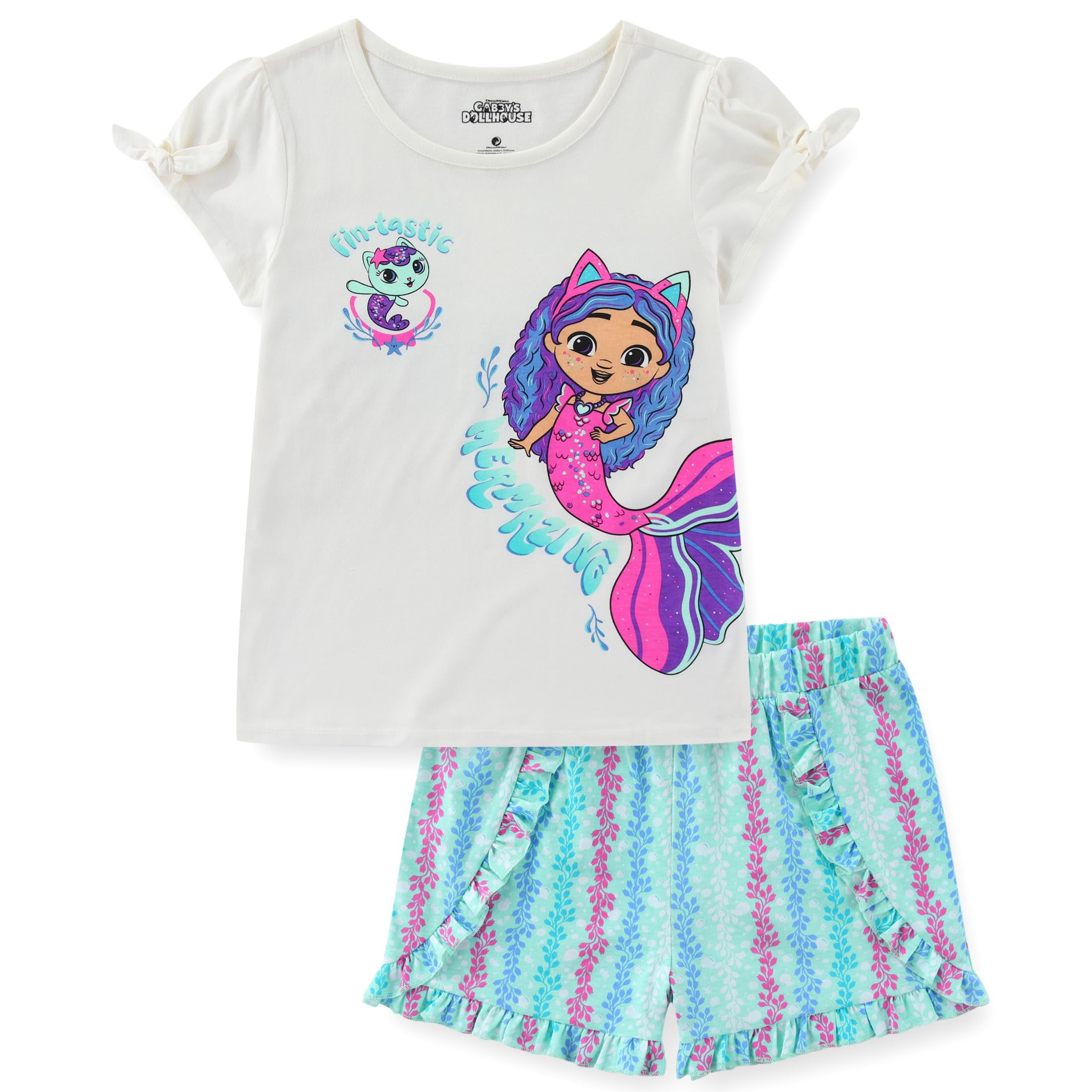 DreamWorks Gabby's Dollhouse Girls Short Sleeve T-Shirt and Shorts 2-Piece Outfit Set (Blue, 3T-10) e81jh