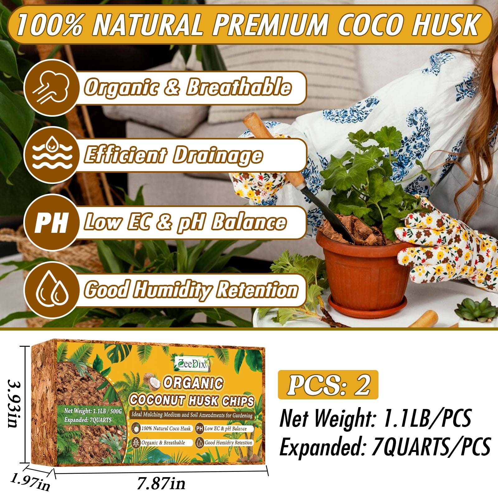 ZeeDix Coco Coir Chips Organic Growing Medium for Plants (Natural, 2.2 lb Total) j4d5u