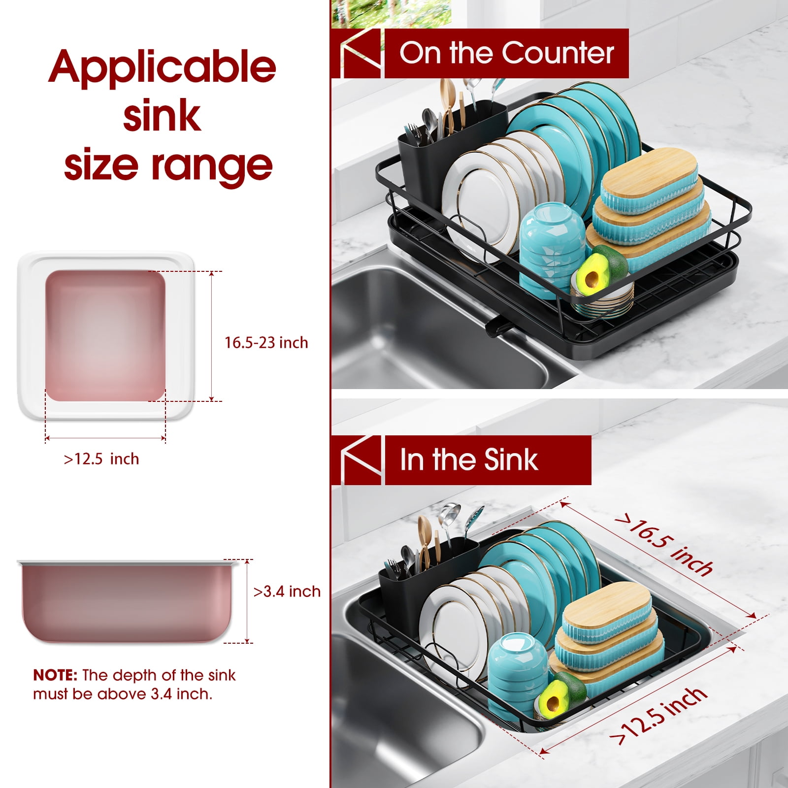 Sakugi Compact Dish Drying Rack for Kitchen Counter with Swivel Drainboard (Black, 15 in x 12 in x 5 in) jxwgs