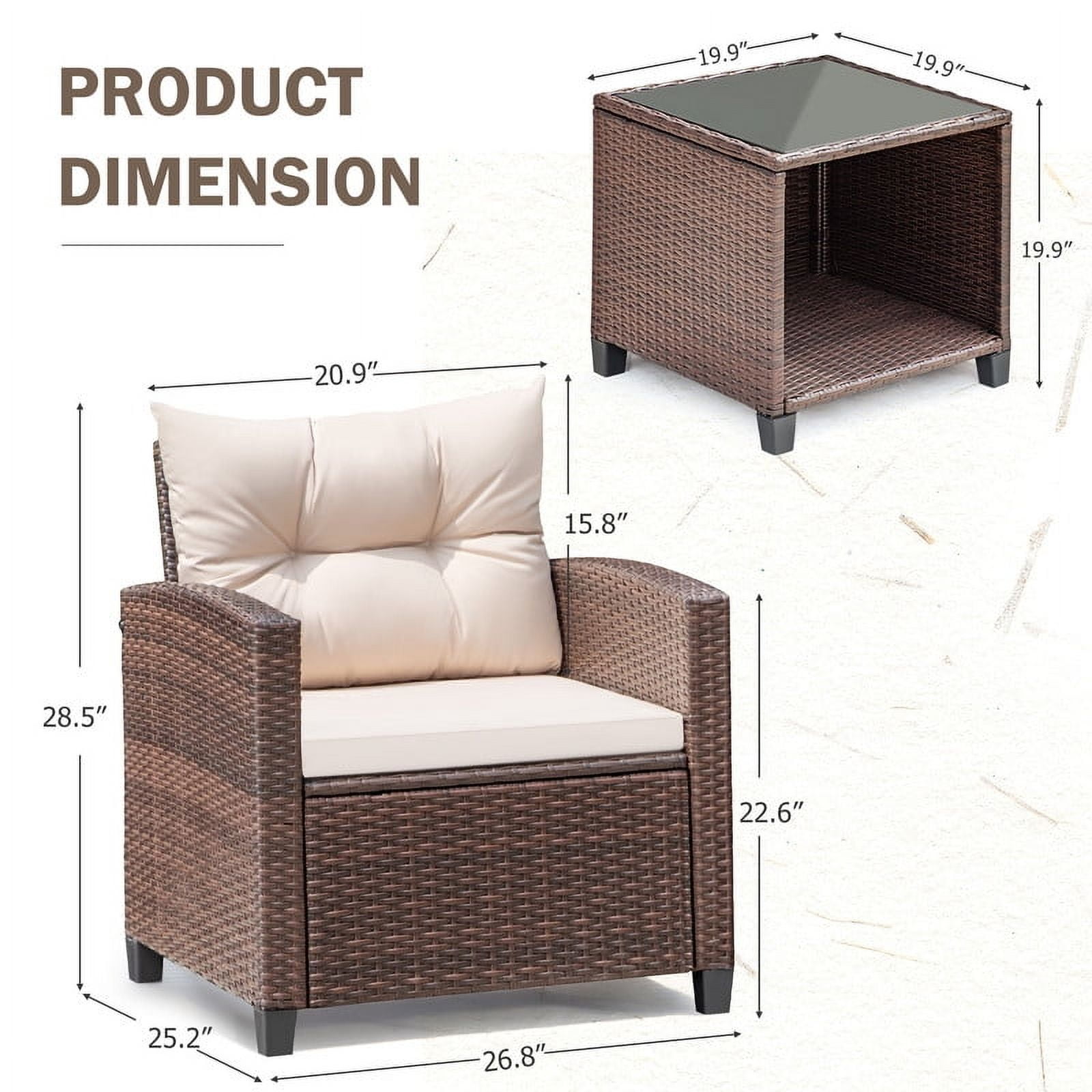 Devoko 3-Piece Patio Bistro Set, Rattan Outdoor Conversation Chair Set with Cushions and Coffee Table (Beige) 76ffr