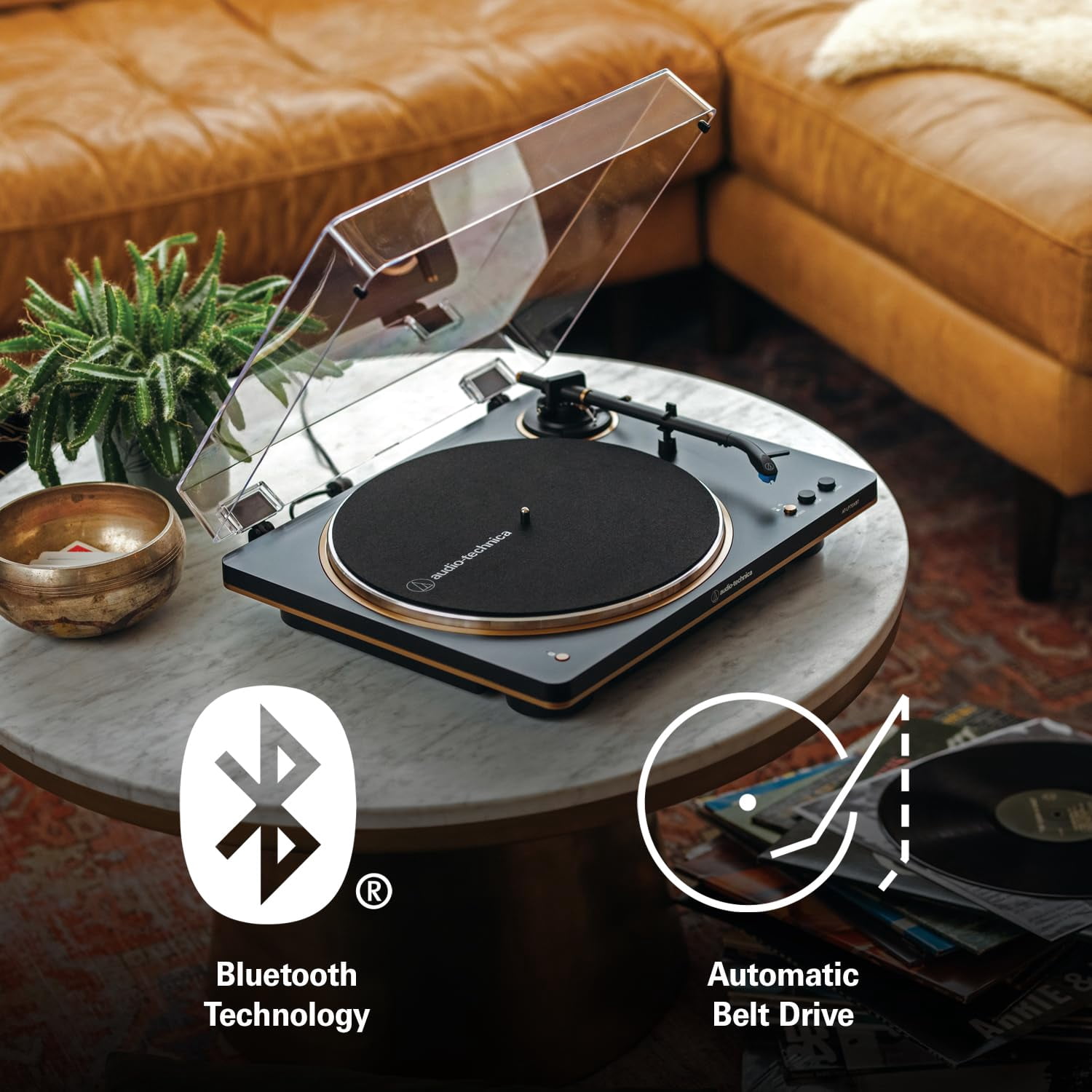 Audio-Technica AT-LP70XBT Fully Automatic Wireless Belt-Drive Turntable Bundle with Silicone Platter Mat and Record Cleaning Kit (Black) e7vke