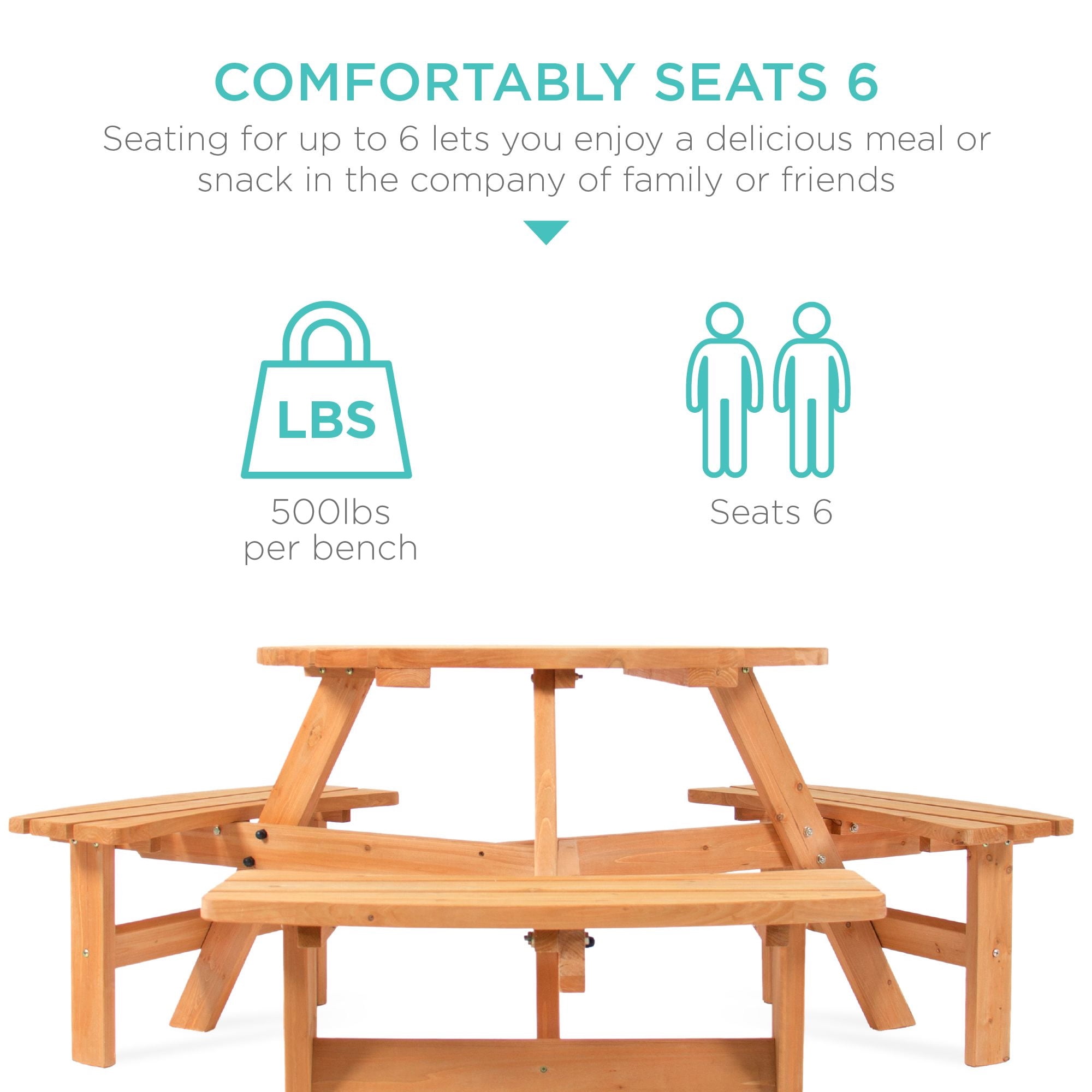 Best Choice Products Circular Outdoor Wooden Picnic Table with 3 Built-In Benches (Natural, 35 in Diameter) a1xwu