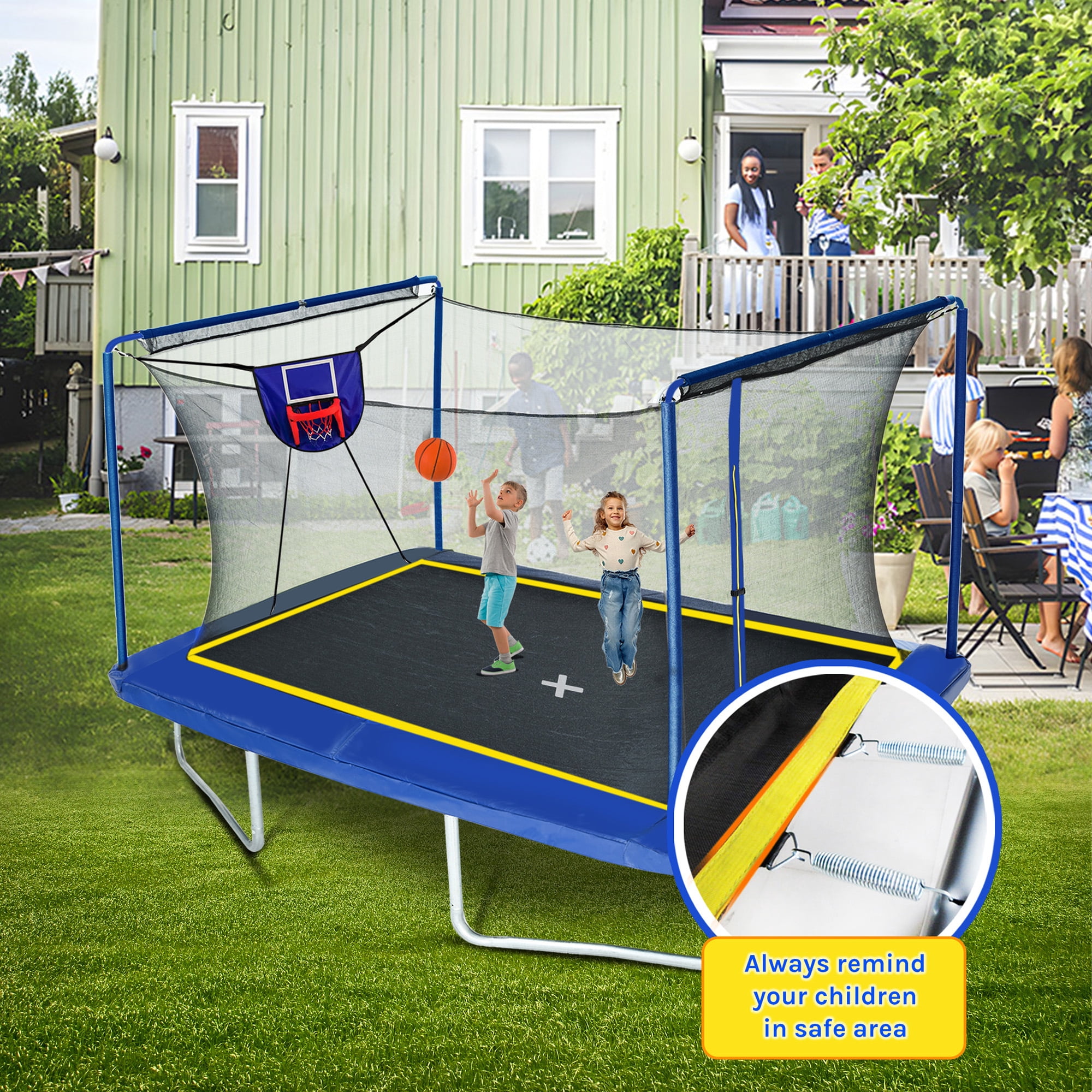 SUNRINX 8x12 ft Rectangular Trampoline with Basketball Hoop and Ladder (Blue, 8x12 ft) 79wdu