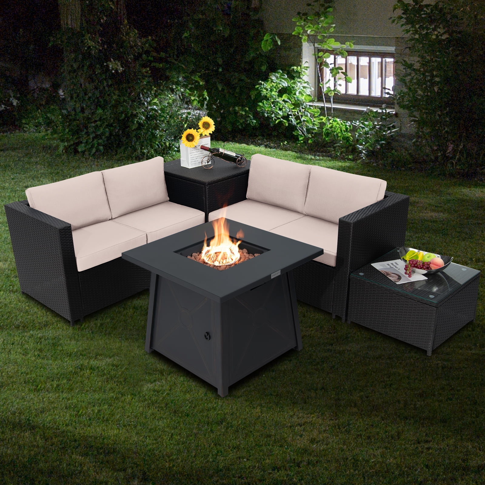 Topbuy 5-Piece Outdoor Patio Furniture Set with Propane Fire Pit Table and PE Wicker Conversation Seating (Beige, 5-Piece) 8dvxh