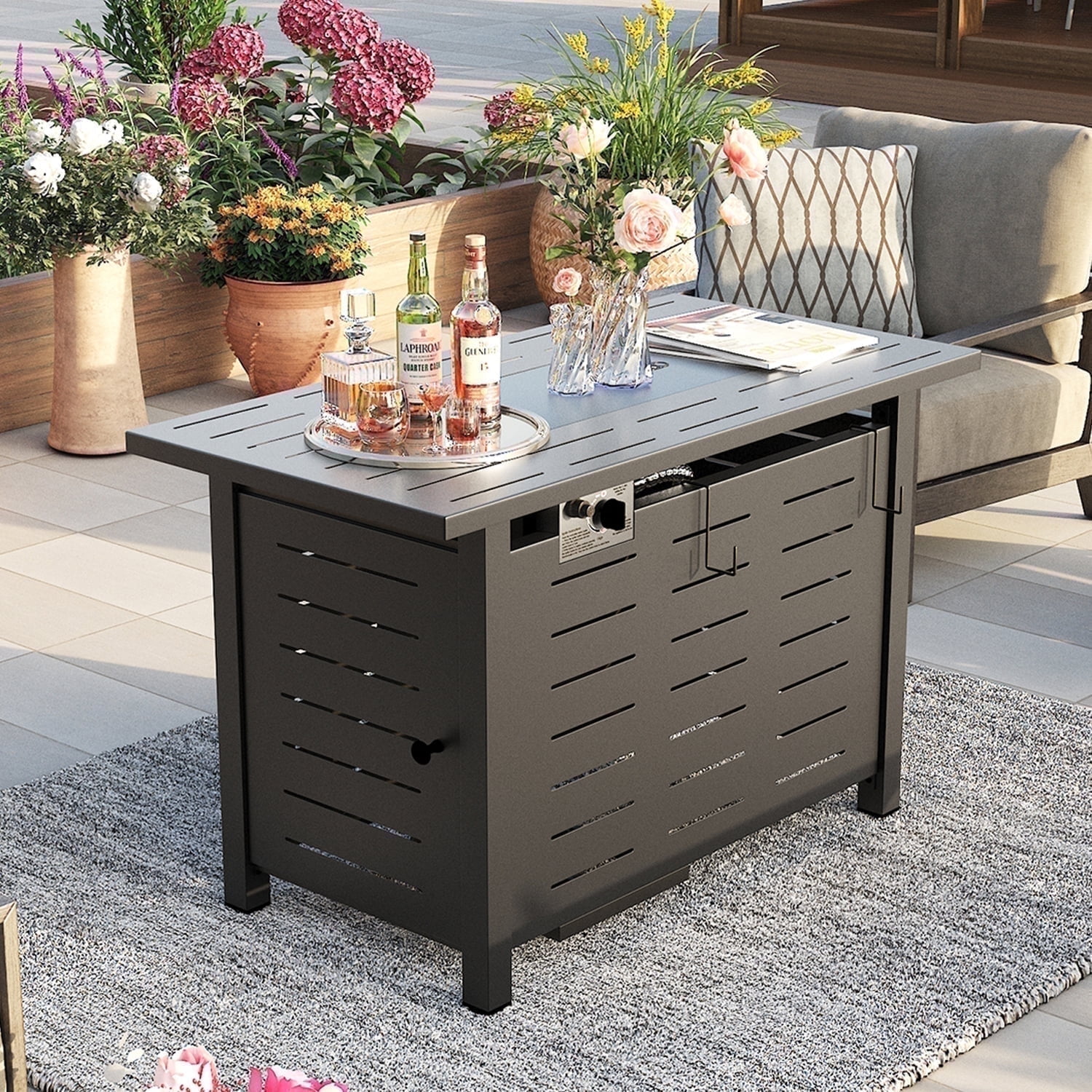 Sunmthink 42 in Propane Fire Pit Table, 50,000 BTU Auto Ignition Steel Gas Fire Pit with Removable Lid and Waterproof Cover (Black, 42 in) kc9l0