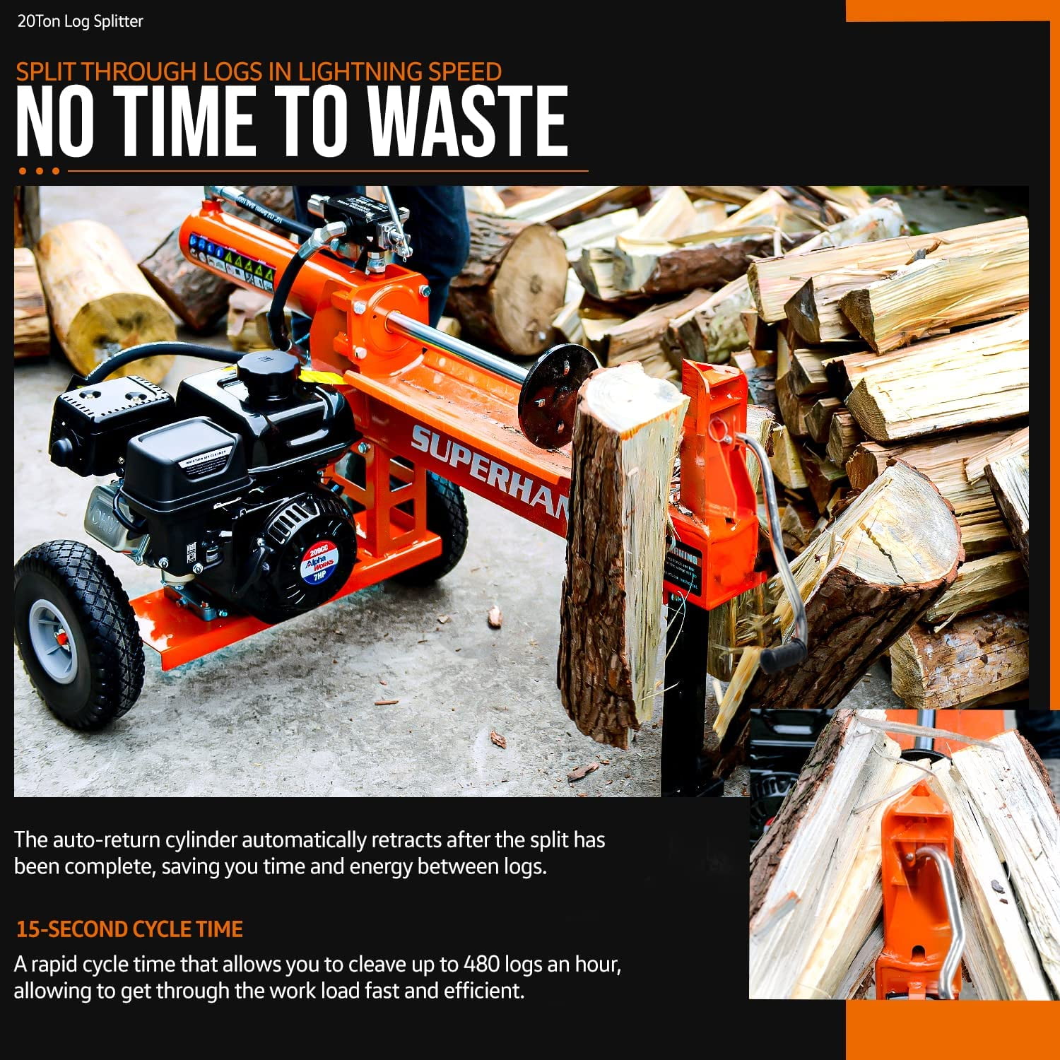 SuperHandy Gas Log Splitter (20 Ton, 7HP 212CC Engine, 16 in Diameter Capacity) m9sbe