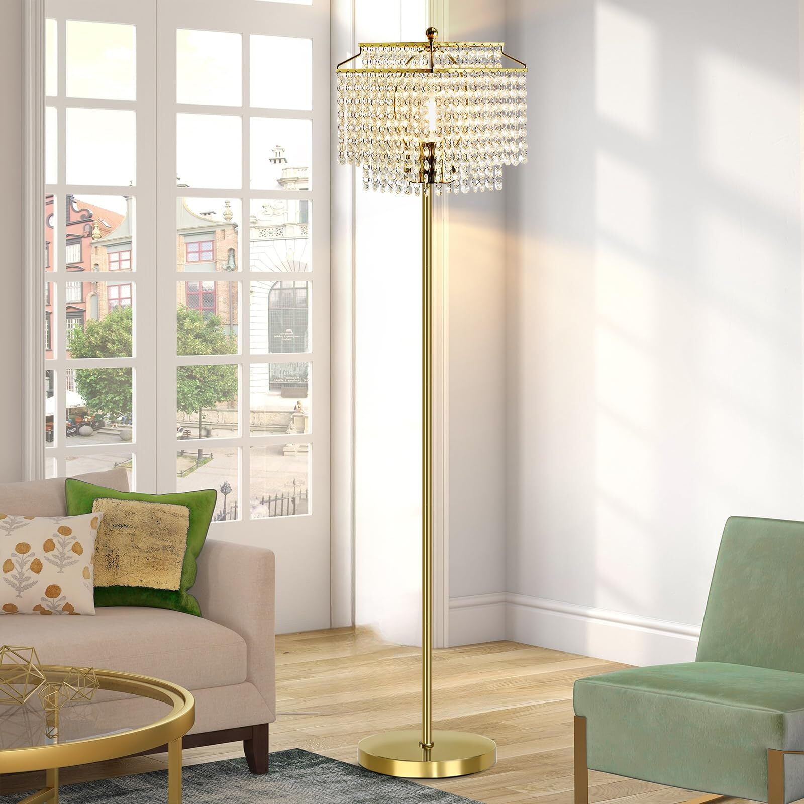 NATYSWAN Gold Crystal Floor Lamp, Modern Standing Light with Double-Layer Shade and Foot Switch (Gold, 62 in) 9z4rp