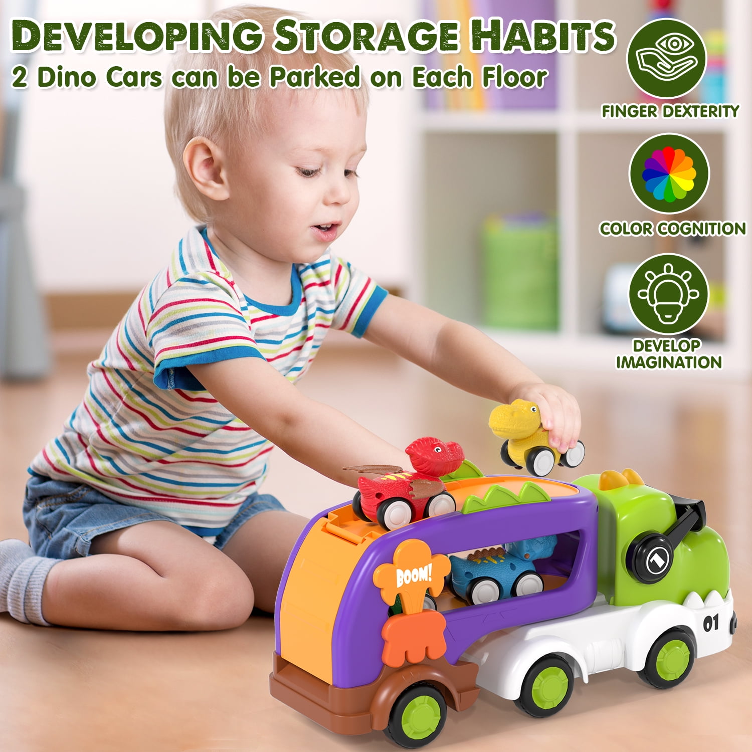 KWANITHINK Dinosaur Carrier Truck Toy Set with Lights and Sounds, Pull Back Mini Cars for Toddlers (Green, 12.38 in x 4.72 in x 5.31 in) fv1xm