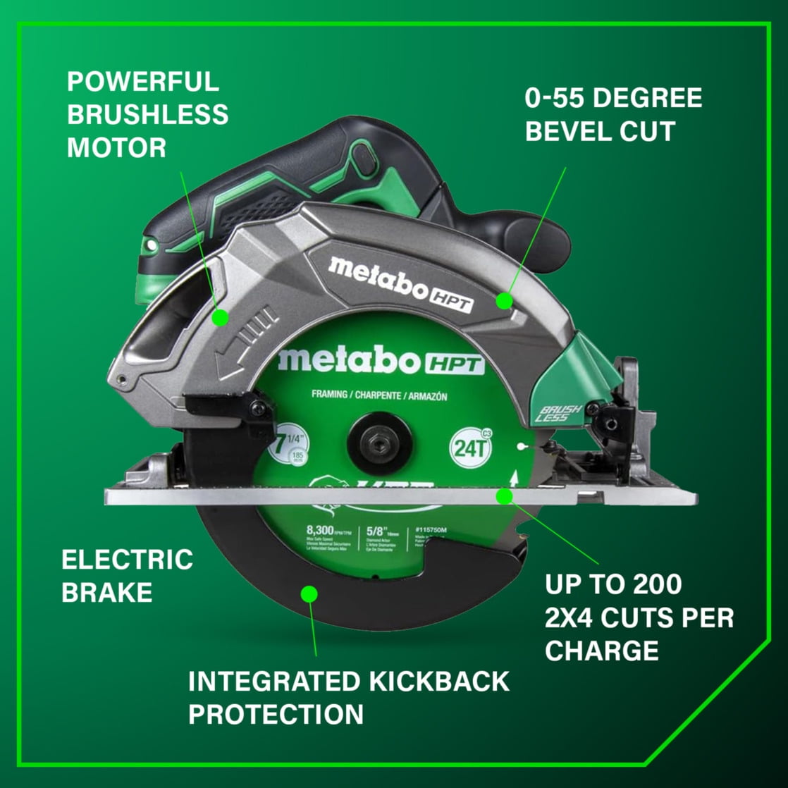 Metabo HPT 18V Cordless Circular Saw, Brushless Motor, 7-1/4-In Blade, Tool Only (C1807DAQ4) xqlzh