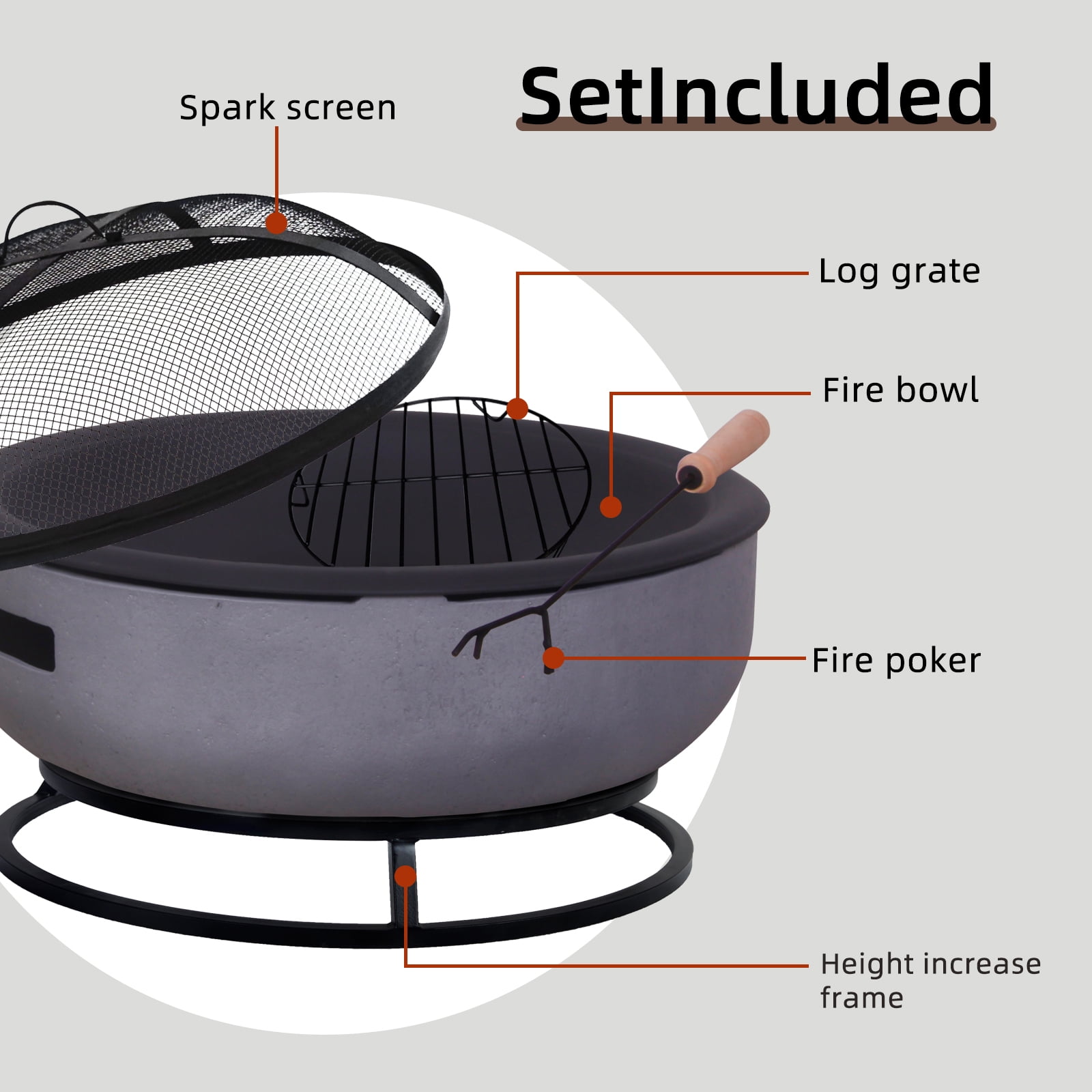 Afterglow Round Terrafab Wood Burning Fire Pit with Spark Screen and Poker (Light Gray, 31.89 in x 31.89 in x 13.58 in) zsyrq