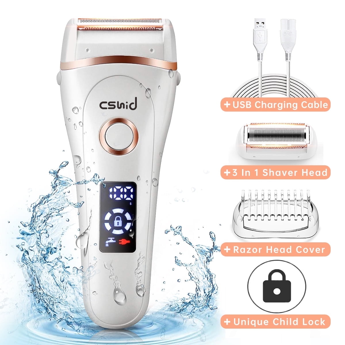 Cshidworld 3-in-1 Electric Razor for Women, Painless Waterproof Hair Remover with LED Display (White, 1 Count) osval