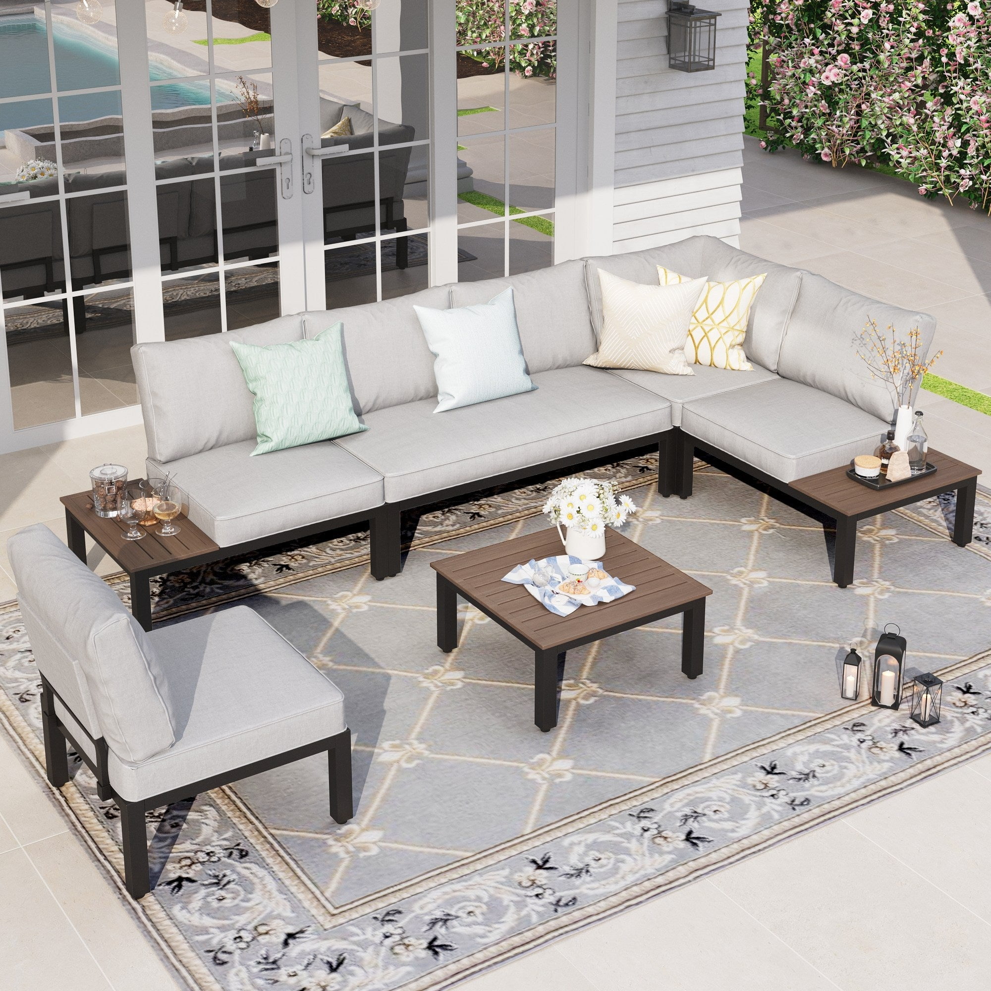 Sophia & William 6-Piece Outdoor Patio Furniture Sectional Sofa Set with Coffee Table and Cushioned Chairs (Light Grey, 6-Piece Set) 0yo0x