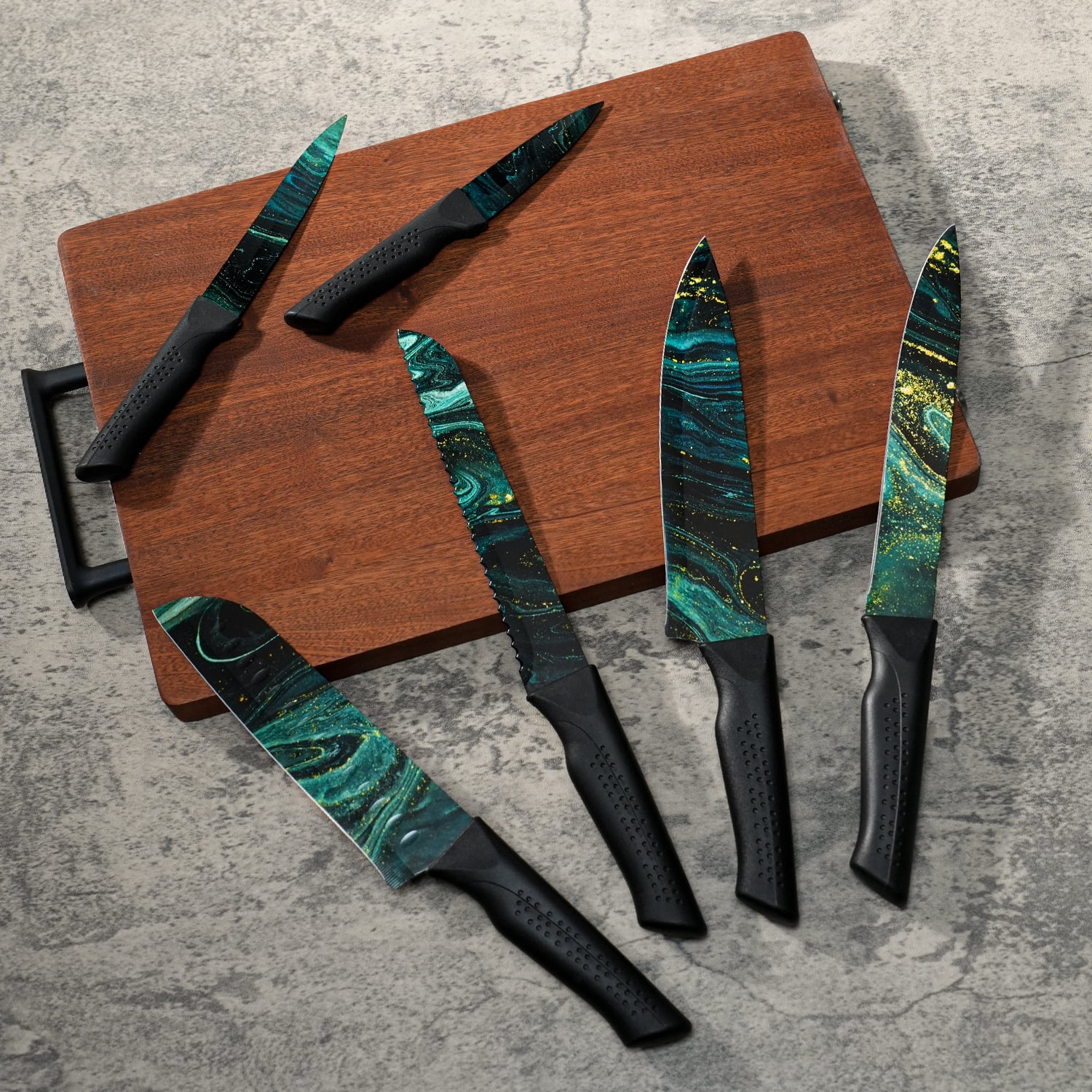 NULAS 6-Piece Kitchen Knife Set with Protective Covers, Stainless Steel Non-Stick Blades (Green, 6-Piece Set) dwj5t