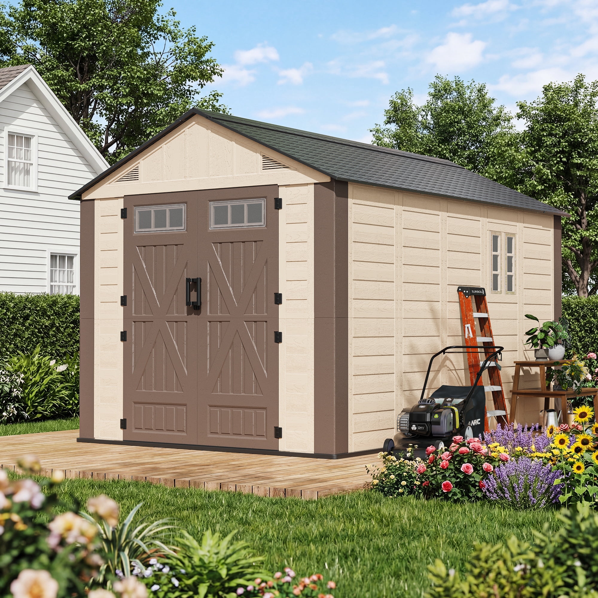 NETAJE Resin Outdoor Storage Shed, Heavy-Duty Weather-Resistant Tool House with Floor, Window, and Vents (Beige & Brown, 8 ft x 12 ft) ckpx1