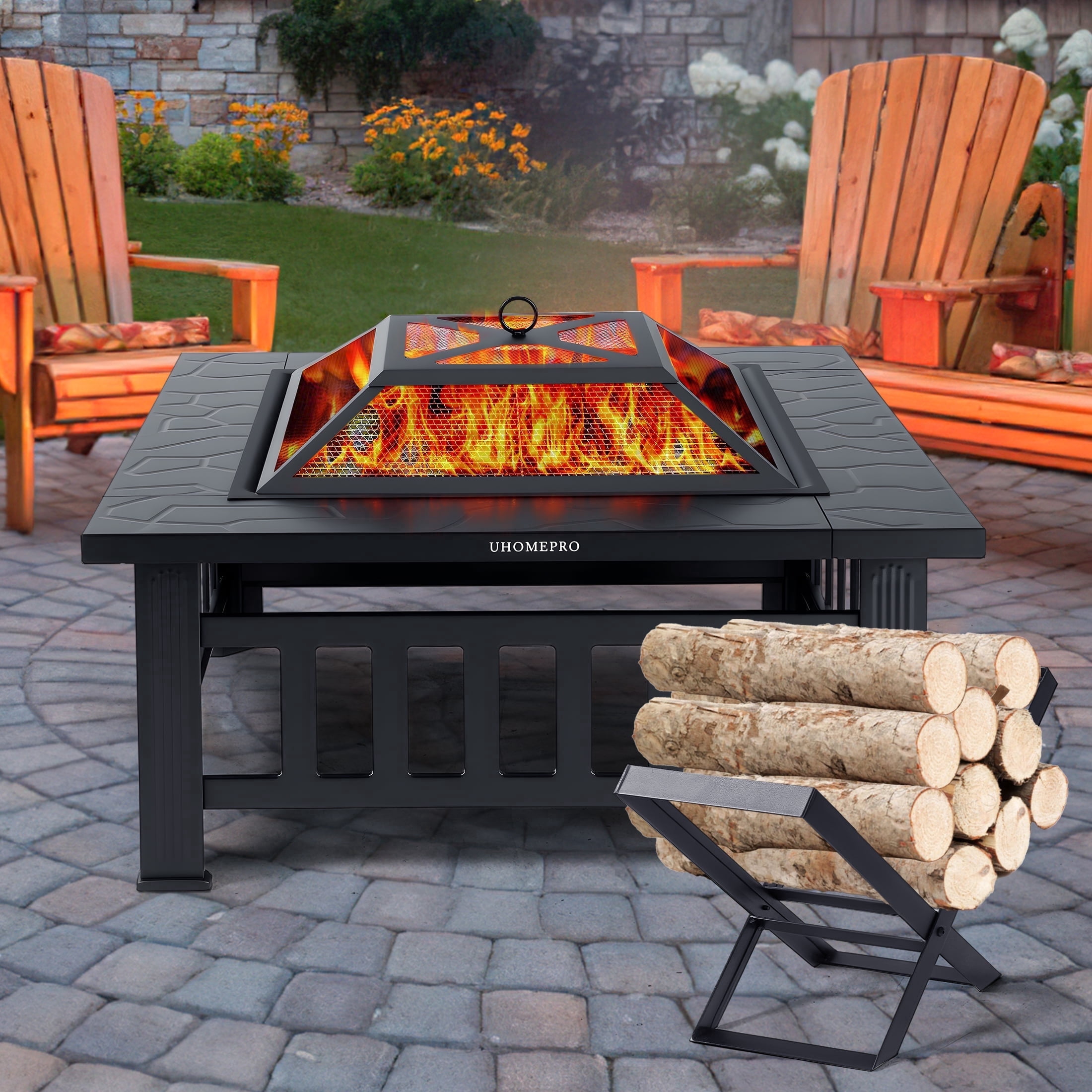 uhomepro 32 in Wood Burning Fire Pit Table with Firewood Rack and BBQ Grill Set (Black, 32 in) 2g8yc