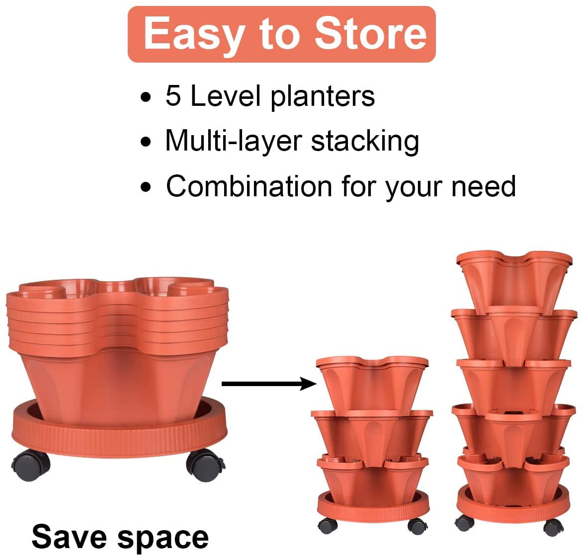 Gamexcel 5 Tier Vertical Garden Stackable Planter with Wheels and Gardening Tools (Red, 5 Tier) 4v7xm
