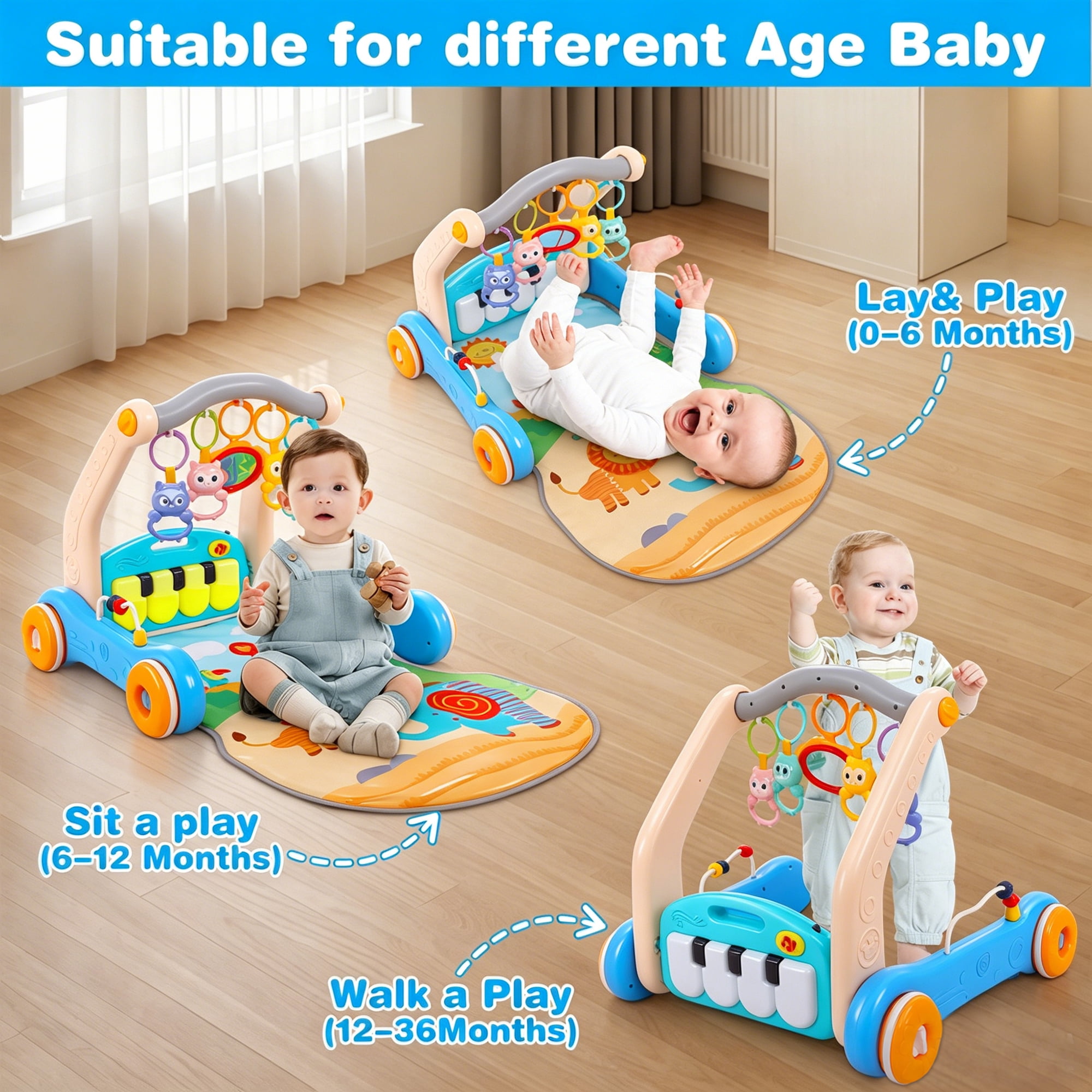 FVLOENG Baby Gym Playmat and Activity Center with Musical Piano and Sensory Toys (Blue, 1 Set) 6mvkn