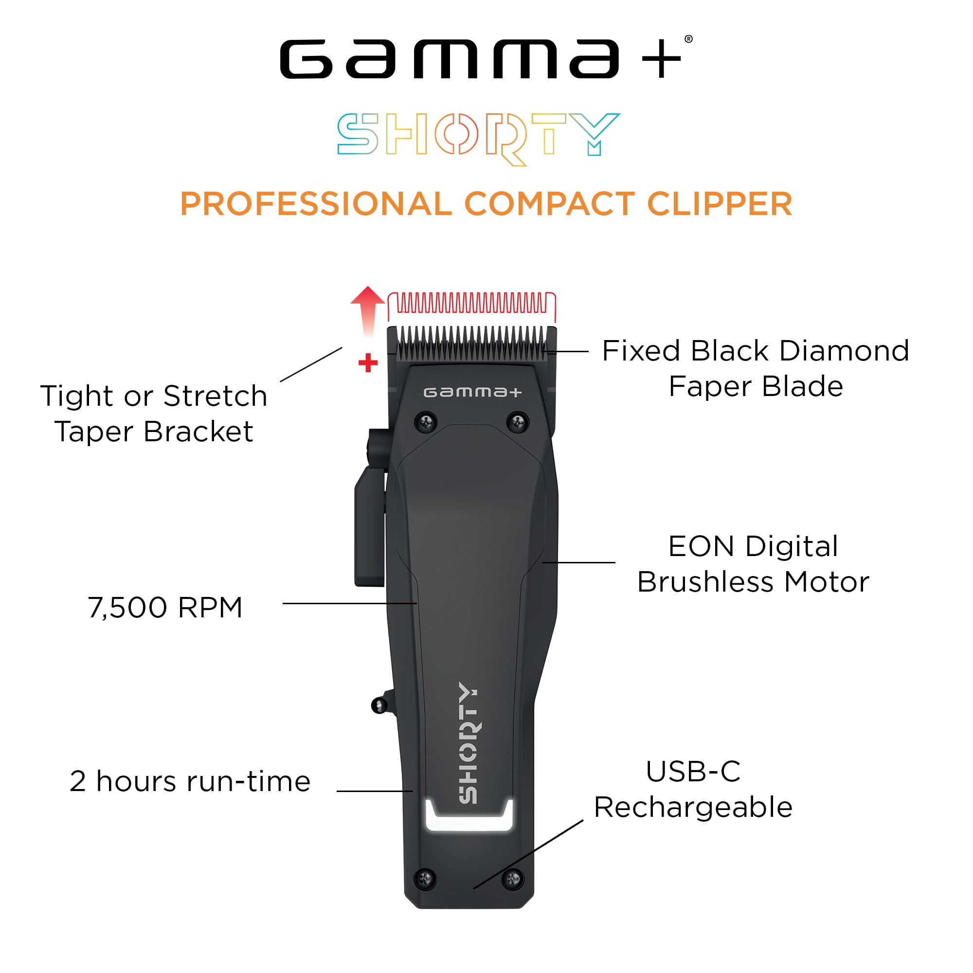 GAMMA+ Shorty Professional Cordless Hair Clipper, High-Torque Brushless Motor, Adjustable Zero Gap, Ergonomic Design (Black, 1 Count) oyhch