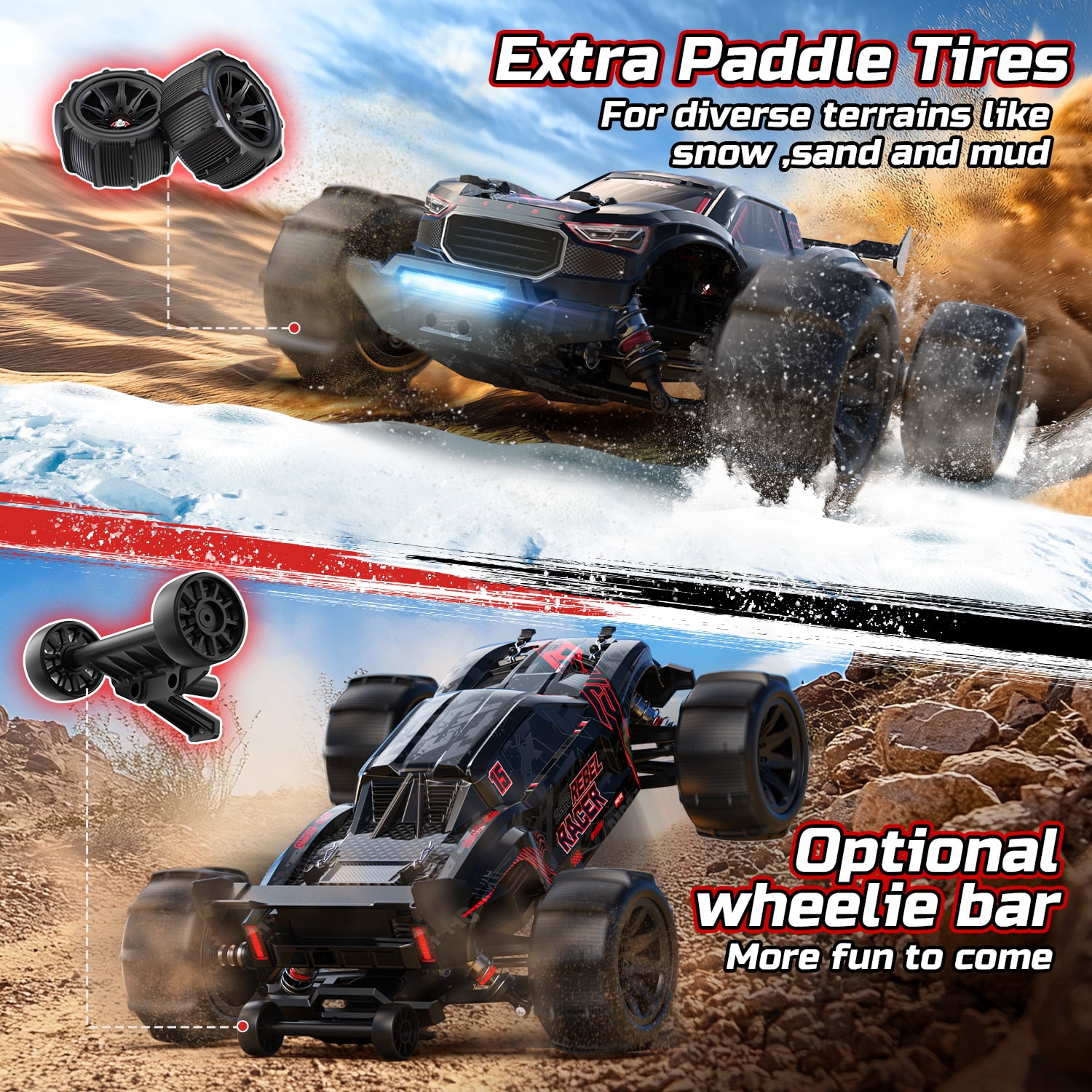 DEERC 1:14 Brushless RC Car 4WD Off-Road Truck, High-Speed Remote Control Truggy with LED Lights (Black, 1:14 Scale) h00ns