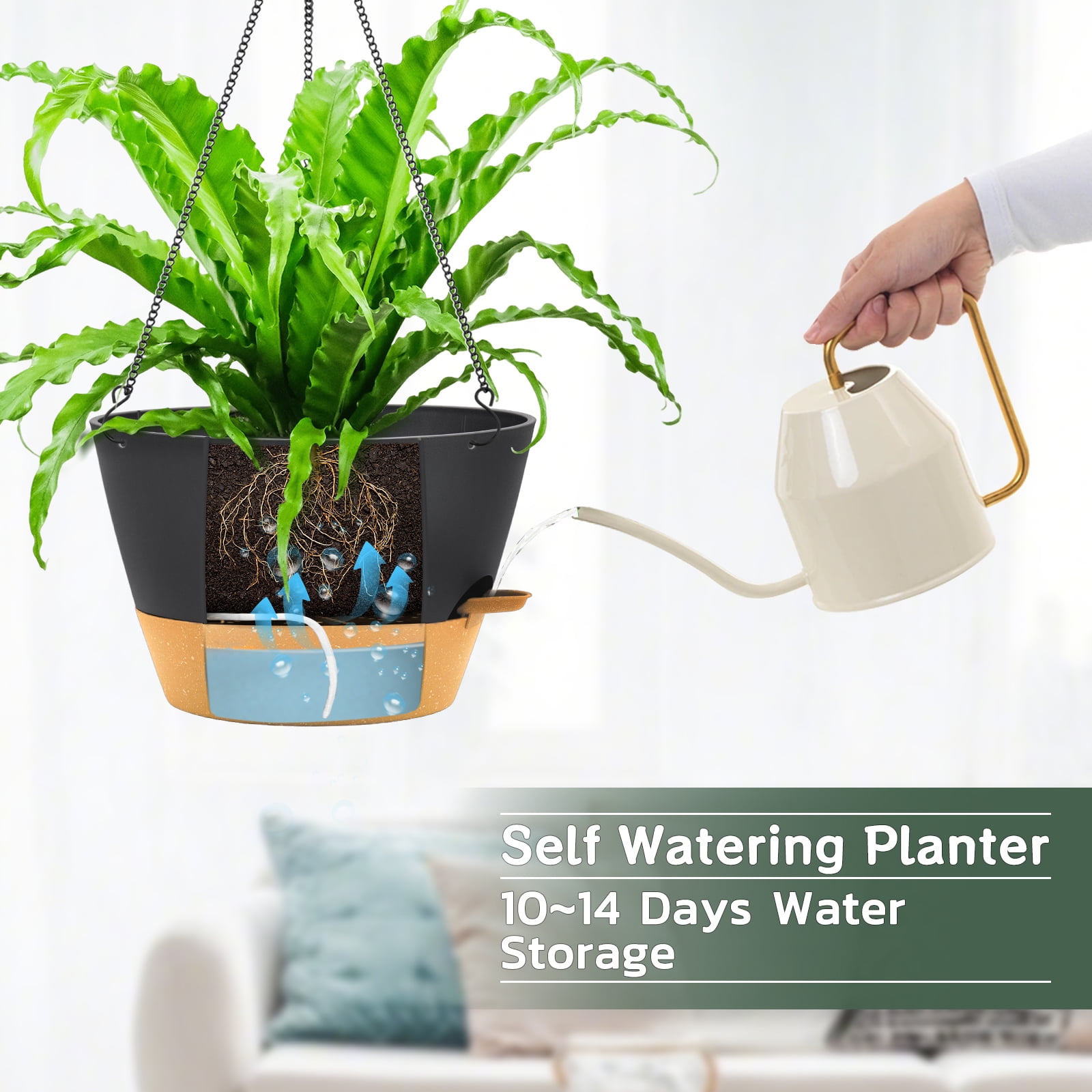 Fiason Self-Watering Hanging Planters with Drainage and Chain Hanger (Black, 8 in, 2 Pack) sup0q