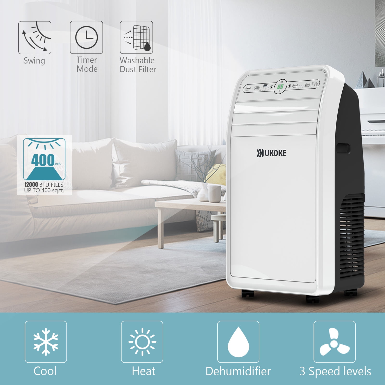 Ukoke 11500 BTU Portable Air Conditioner, 4-in-1 Smart Room Cooler with Heater, Dehumidifier, and Fan (White, 400 Sq. Ft) s9g40