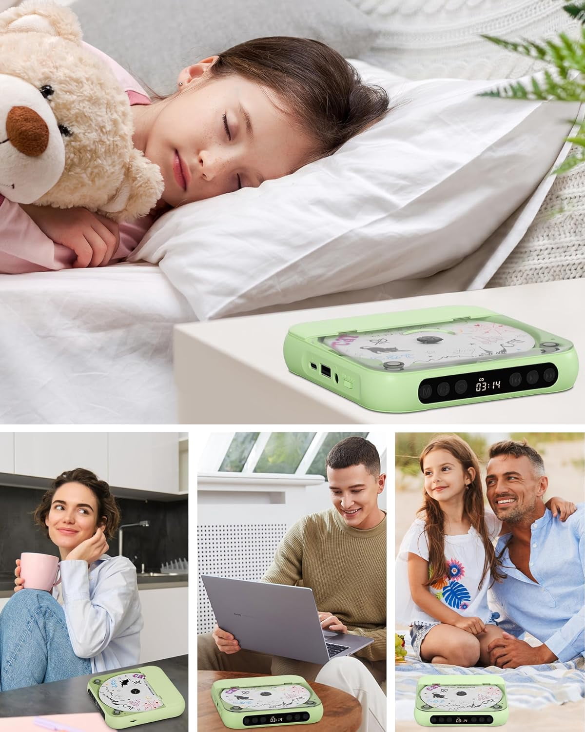 otnbgsr Portable CD Player with Bluetooth Dual Speakers Rechargeable Music Player (Green, 1 Pack) ccnm6
