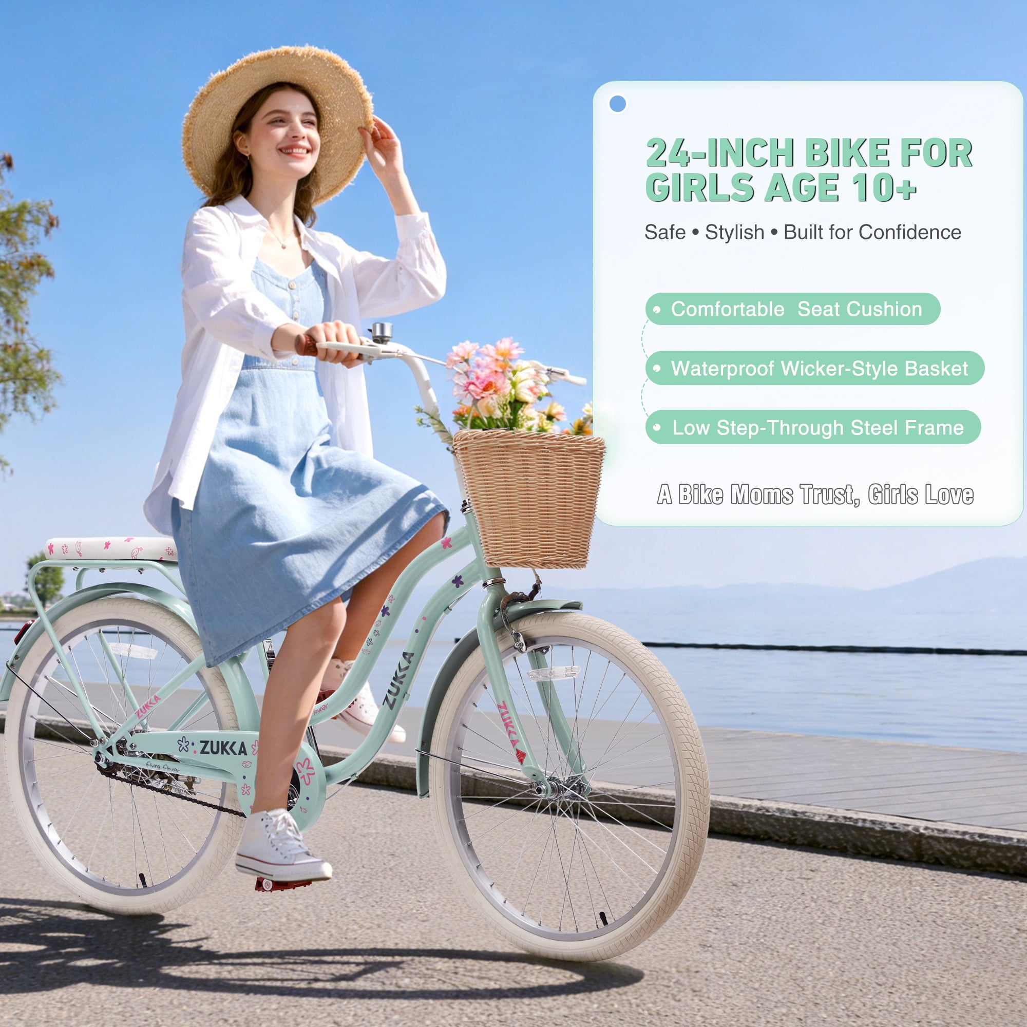 MEGHNA 24 inch Cruiser Bike Single Speed Steel Frame with Woven Basket (Green, 24 in) 9agsg