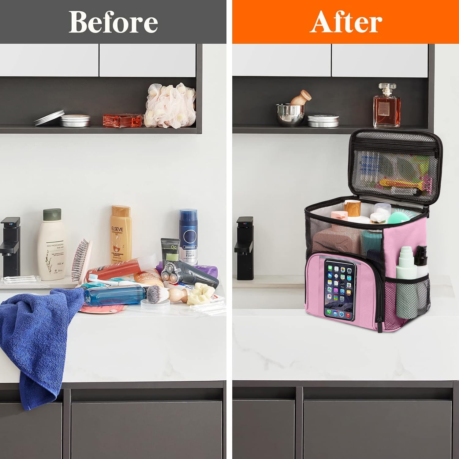 DAKIMOE Mesh Shower Caddy Portable Toiletry Tote Bag for College Dorm Organization (Pink, 10.4 in x 10.4 in x 5.9 in) raadd