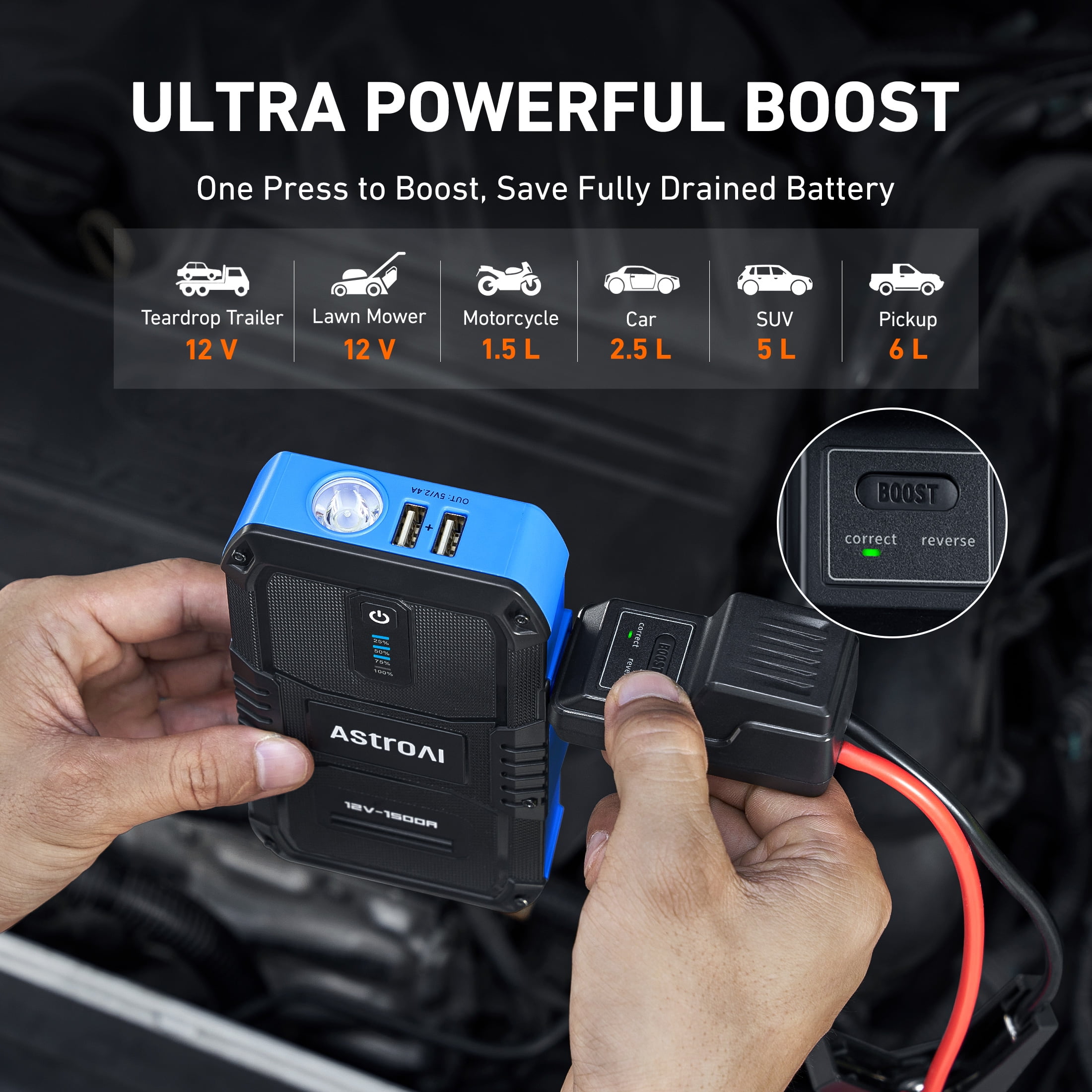 AstroAI 1500A Portable Car Jump Starter Battery Booster (Blue, 12V) nqxyq