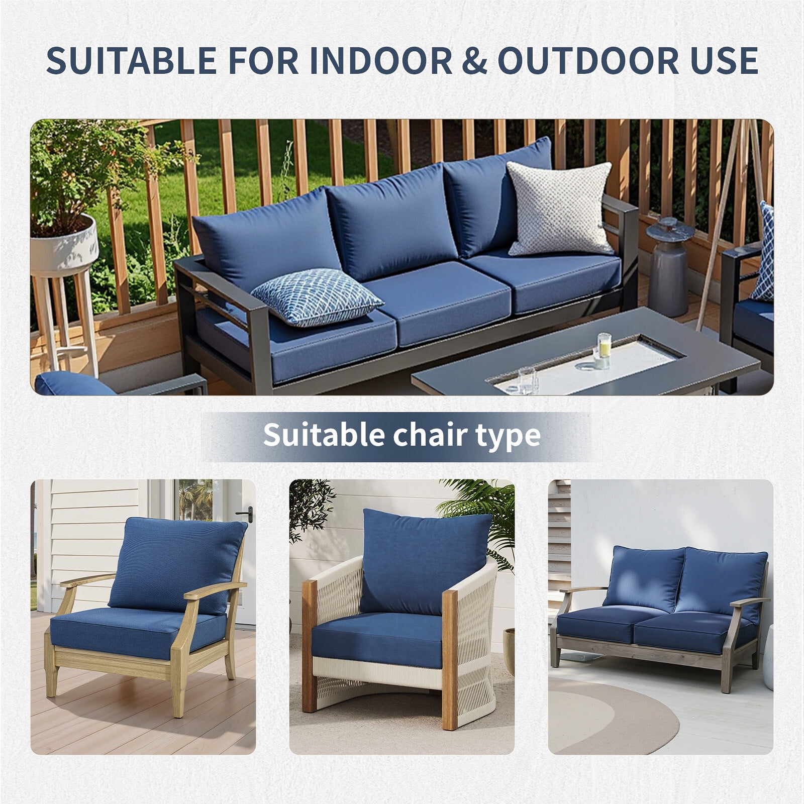Bellefurn Luxury Outdoor Deep Seat Cushion Set, Waterproof & Fade Resistant Patio Furniture Cushion for Wicker Chairs and Sofas (Blue, 22 in x 24 in x 6 in) 4spxu