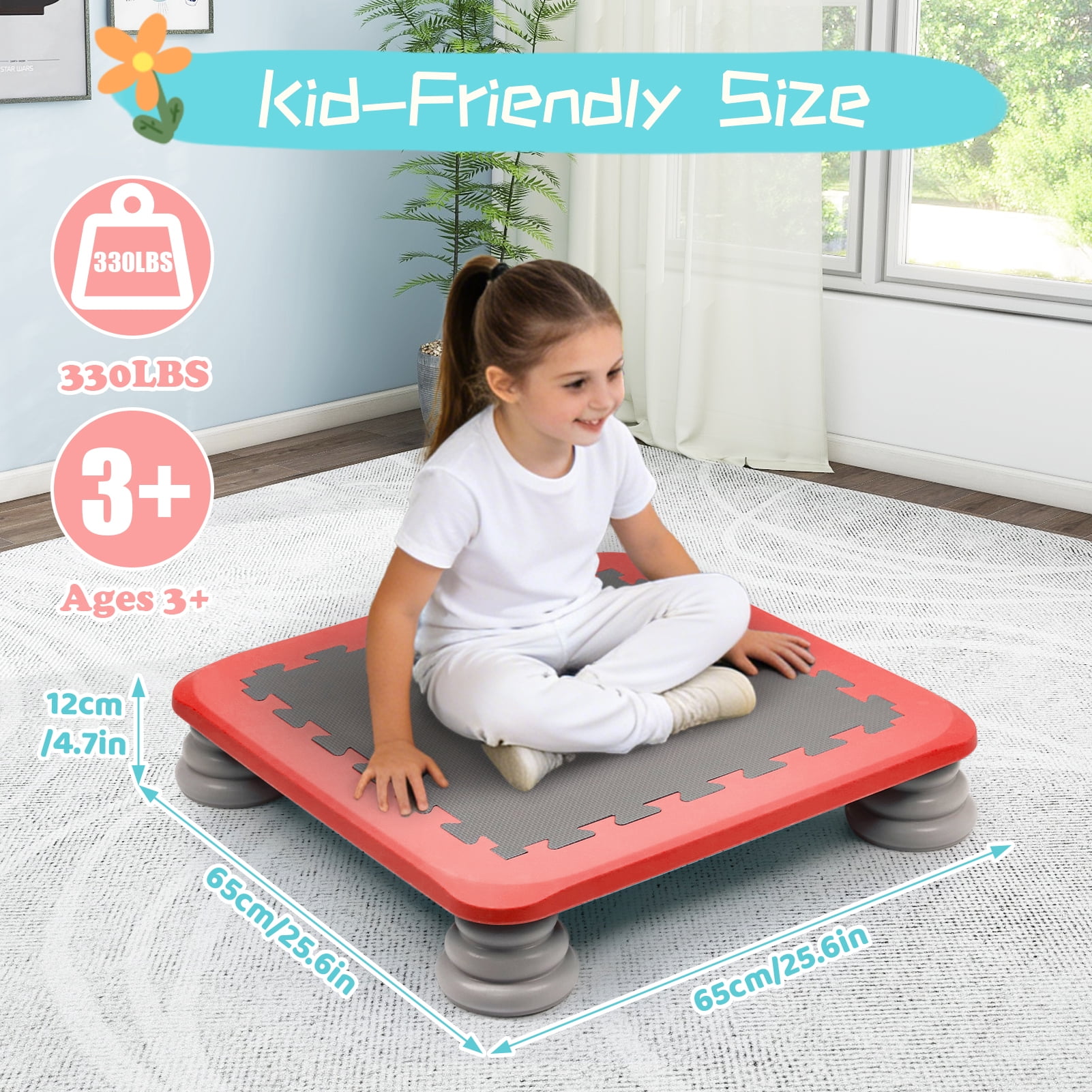 Wdmiya Kids Trampoline Bounce Board, Indoor Outdoor Sensory Balance Training Equipment (Red, 25 in) 5rehd