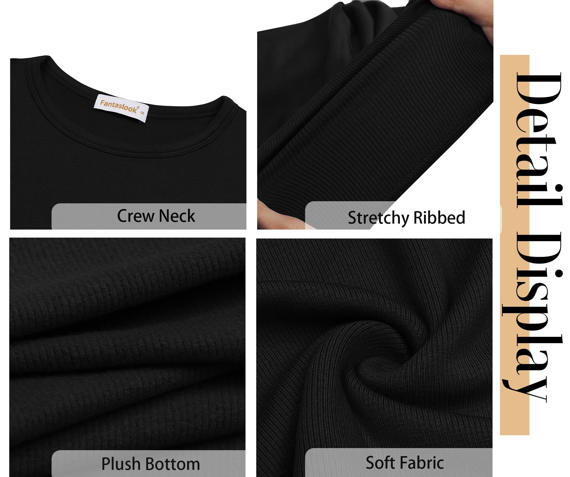 Fantaslook Women's Long Sleeve Crewneck Ribbed Knit Shirt Slim Fit Casual Basic Top (Black, L) 3wp51