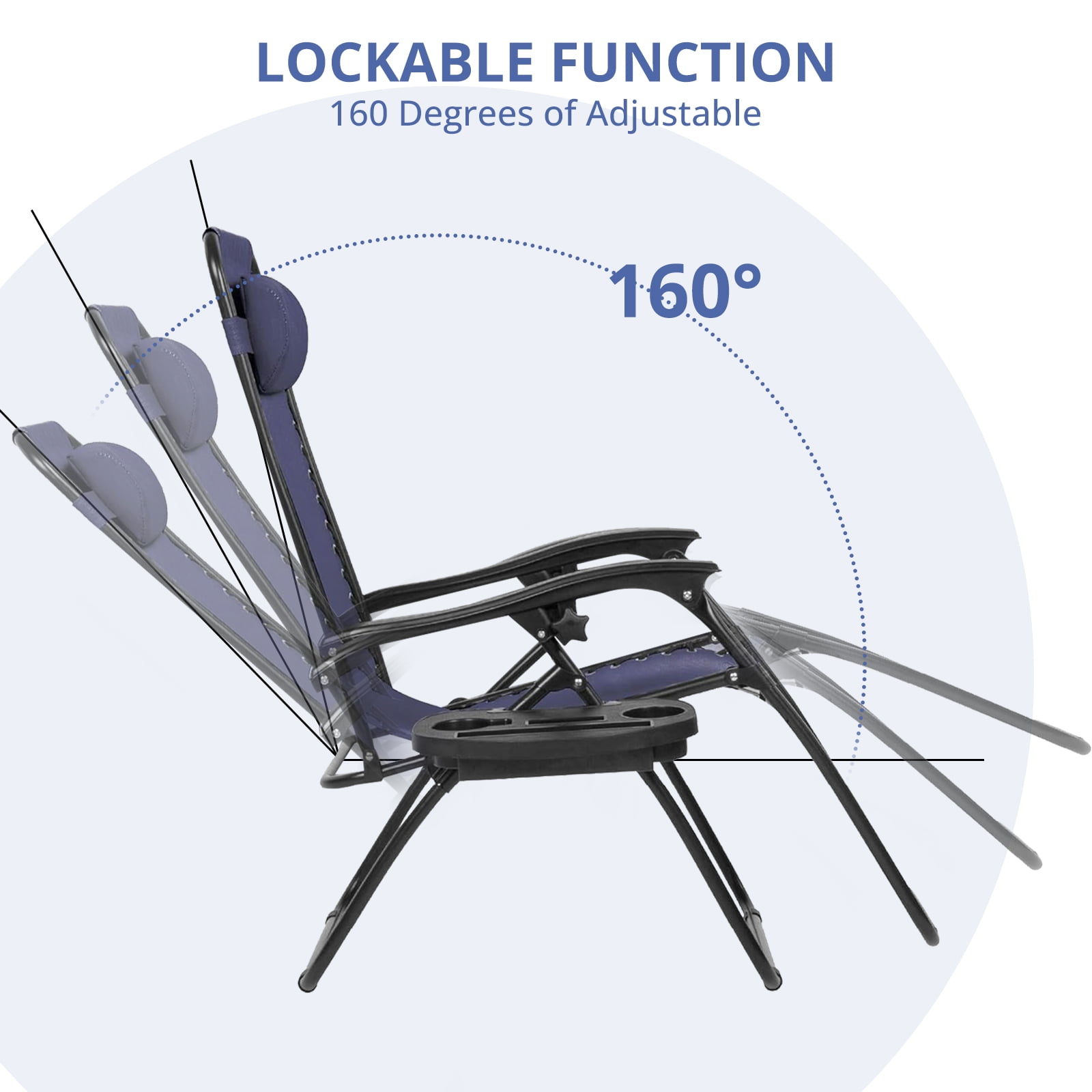 BIGLEAP Zero Gravity Recliner Chairs, Portable Folding Lounge Chairs with Cup Holder Trays and Adjustable Pillows (Blue, Set of 2) pu911